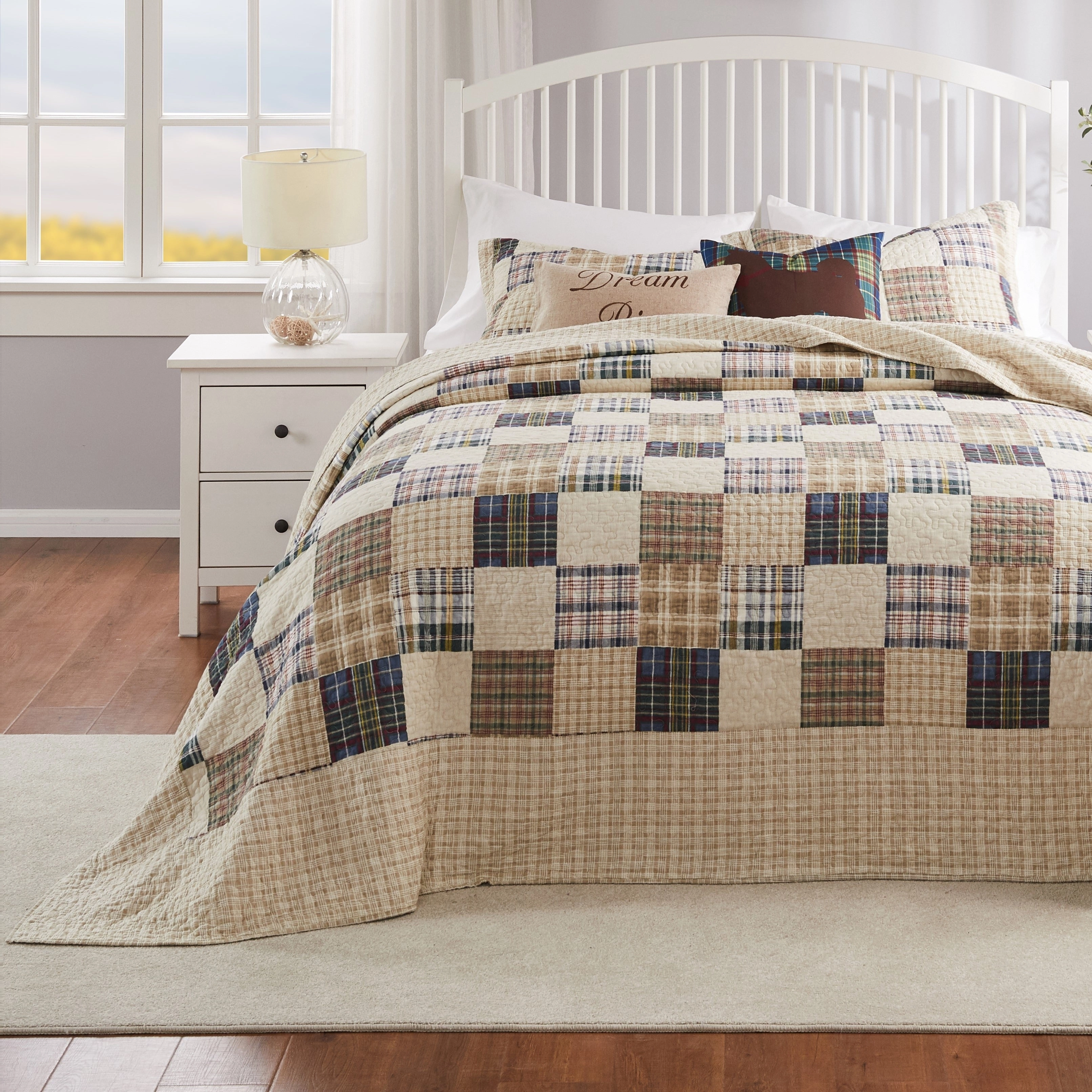 Greenland Home Oxford Quilted Bedspread Set. Traditional Plaid. Cotton