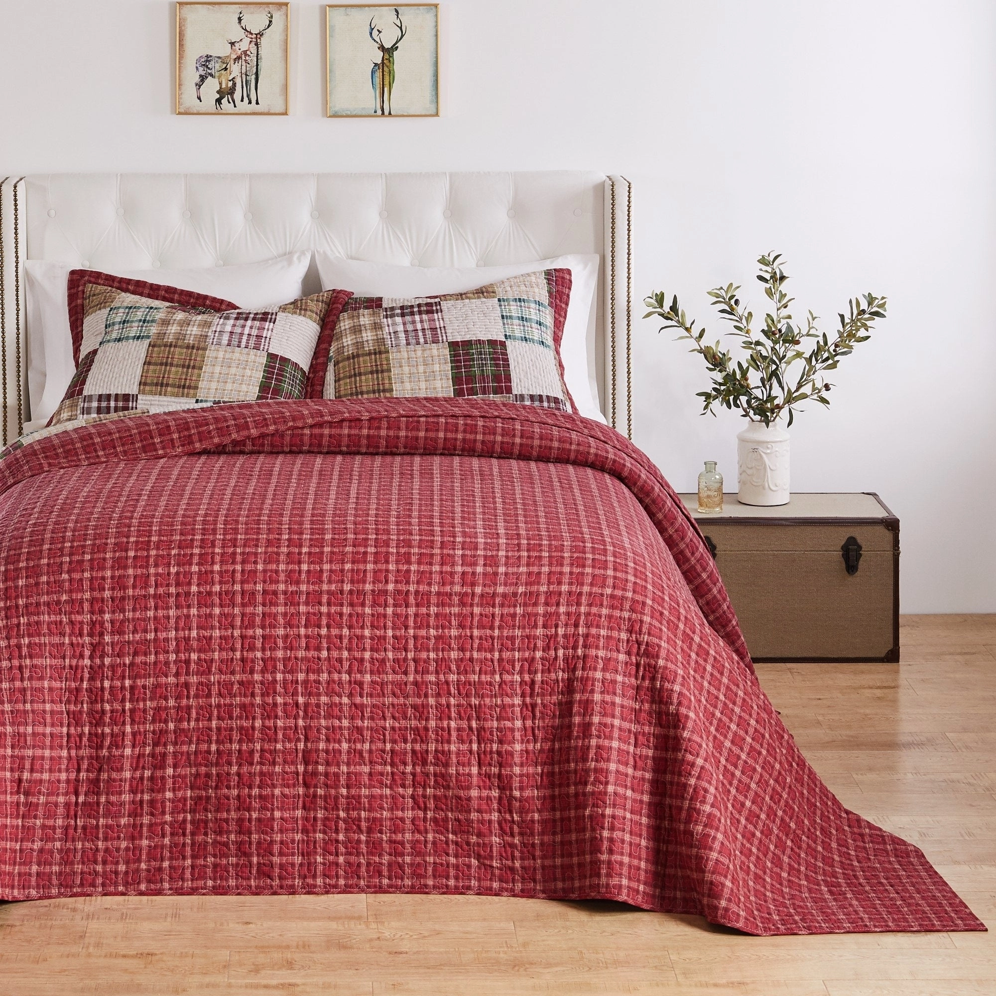 Greenland Home Oxford Quilted Bedspread Set. Traditional Plaid. Cotton