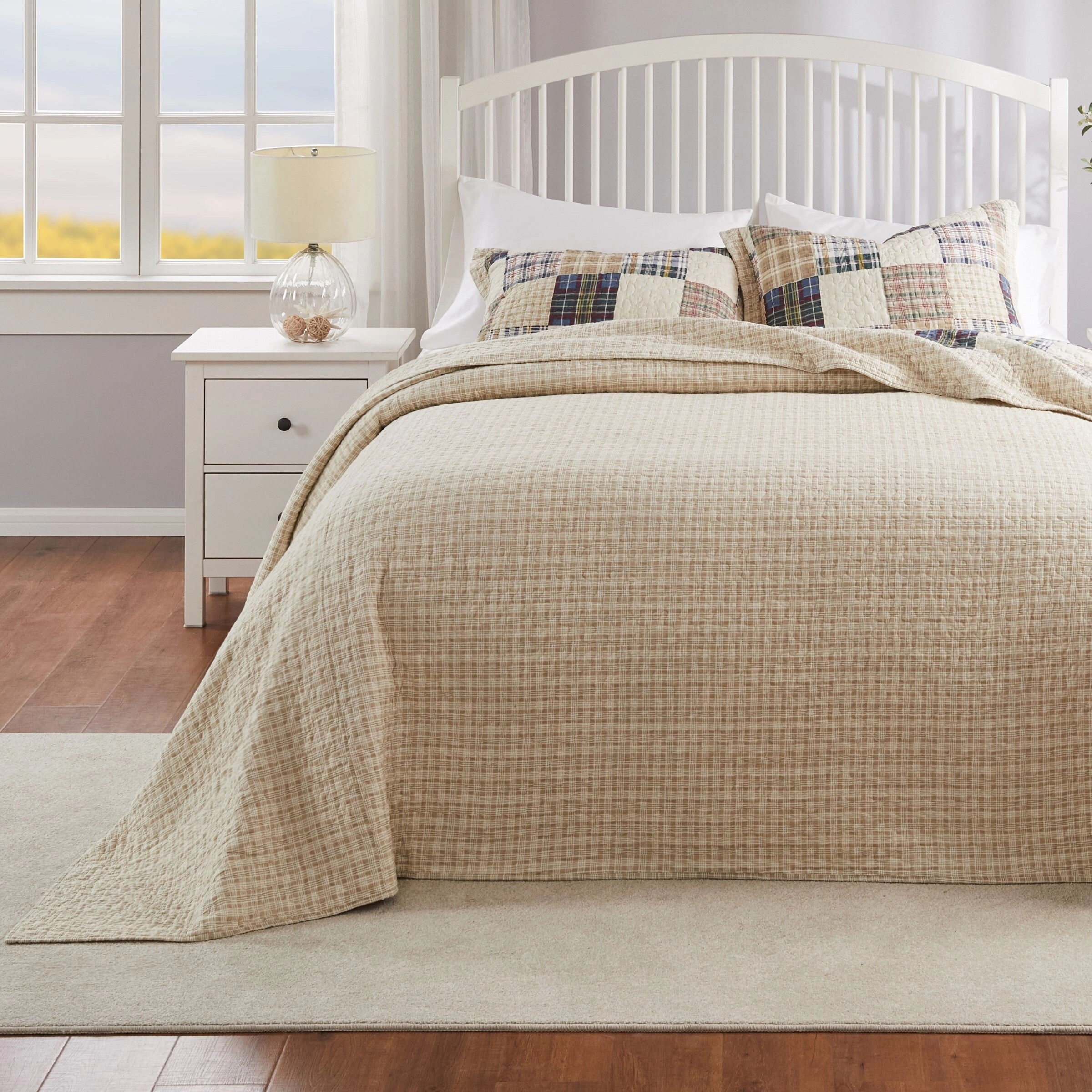 Greenland Home Oxford Quilted Bedspread Set. Traditional Plaid. Cotton