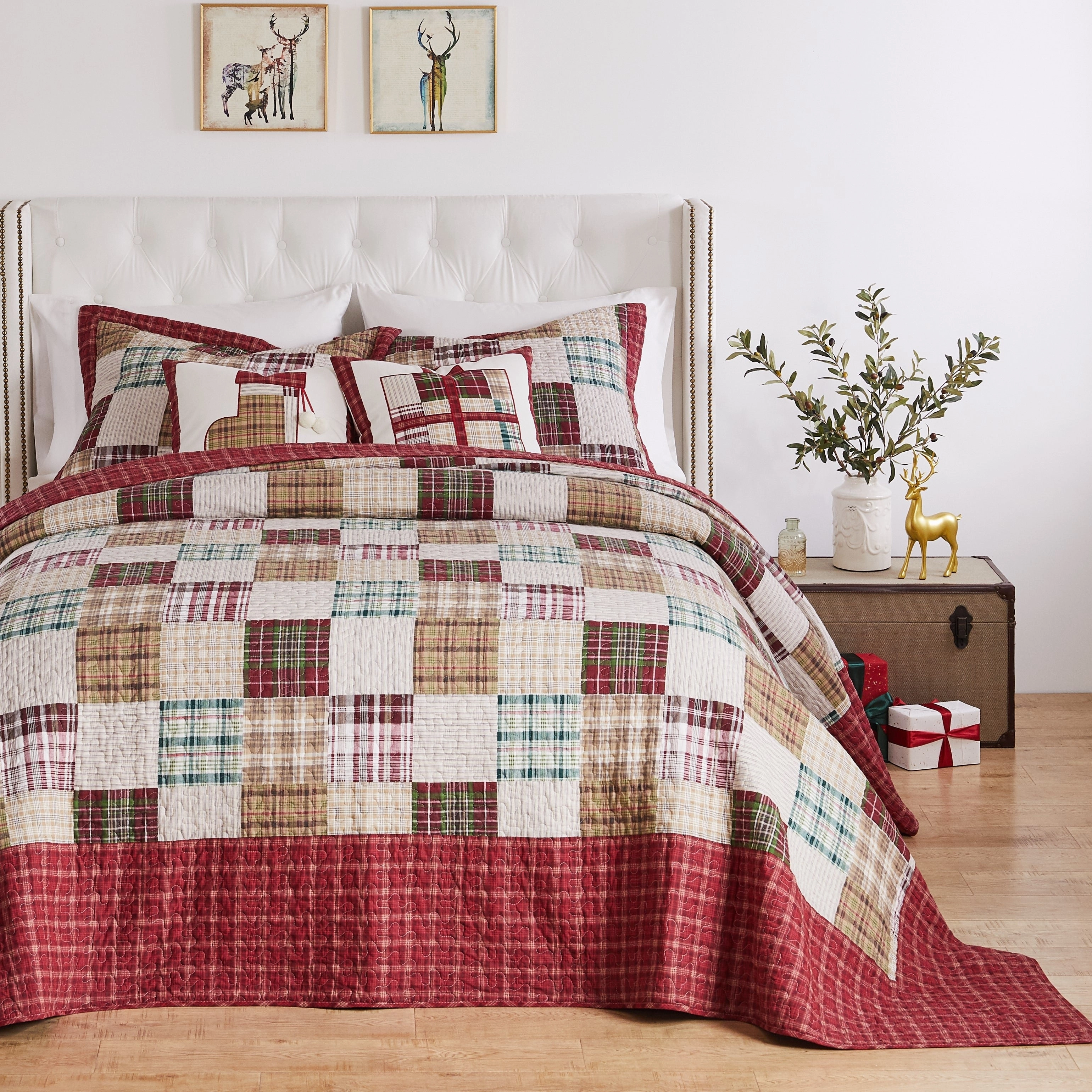 Greenland Home Oxford Quilted Bedspread Set. Traditional Plaid. Cotton