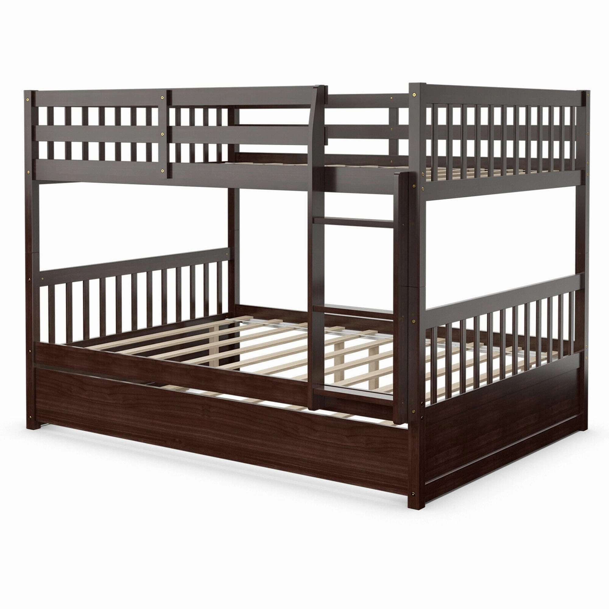 Gymax Full over Full Bunk Bed Platform Wood Bed w/ Trundle & Ladder