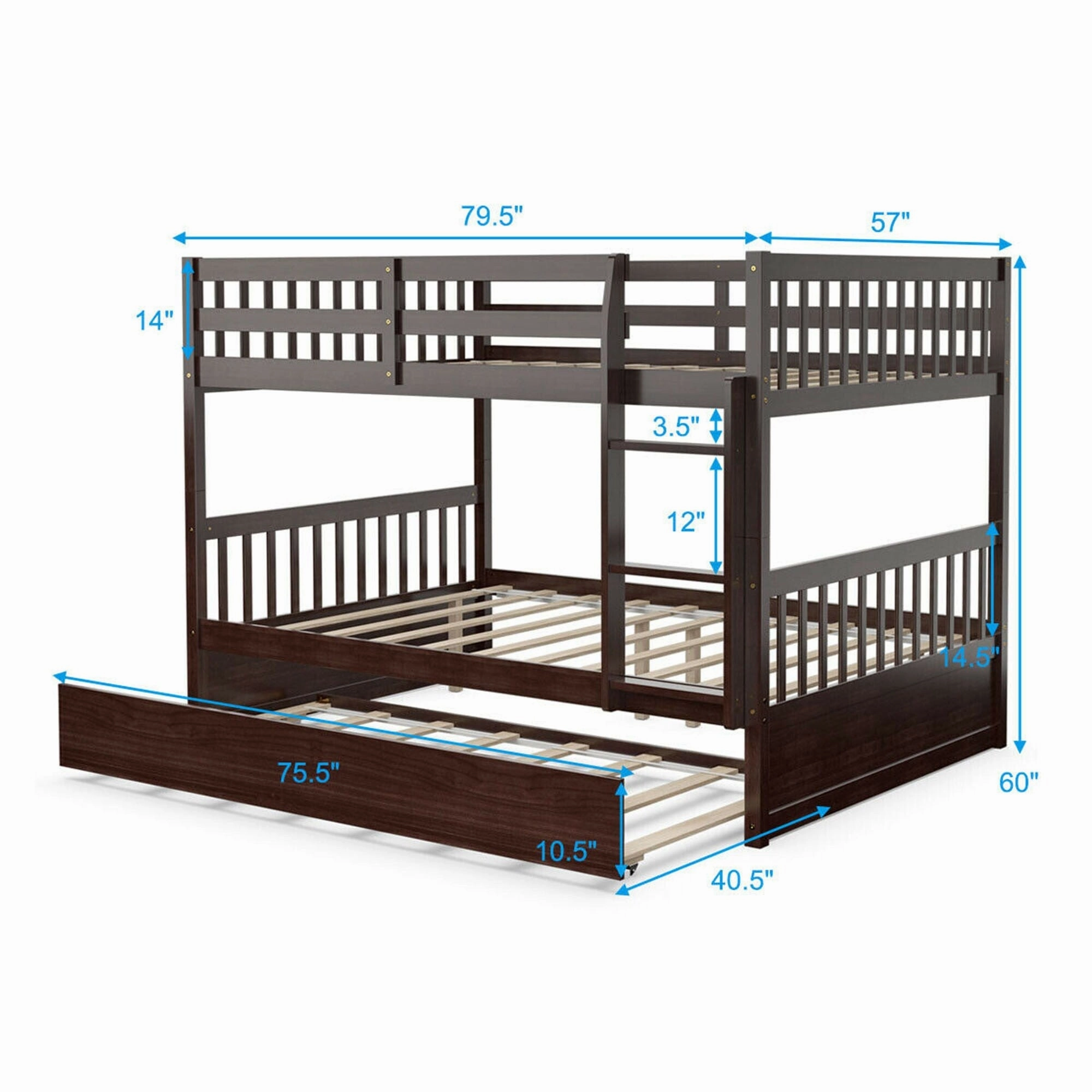 Gymax Full over Full Bunk Bed Platform Wood Bed w/ Trundle & Ladder