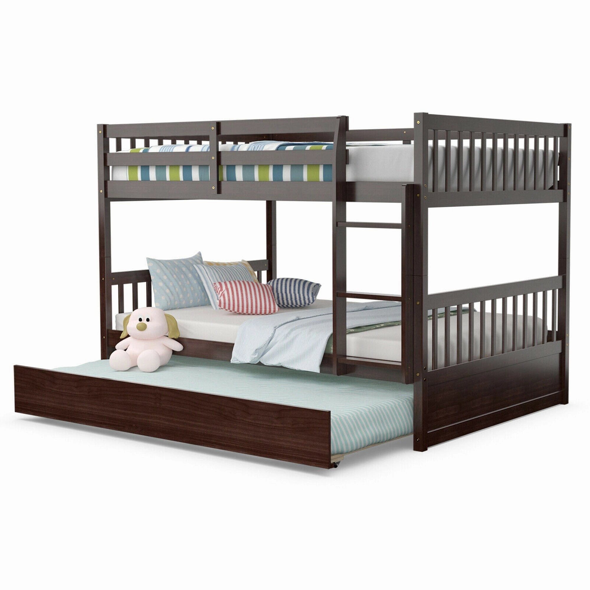Gymax Full over Full Bunk Bed Platform Wood Bed w/ Trundle & Ladder