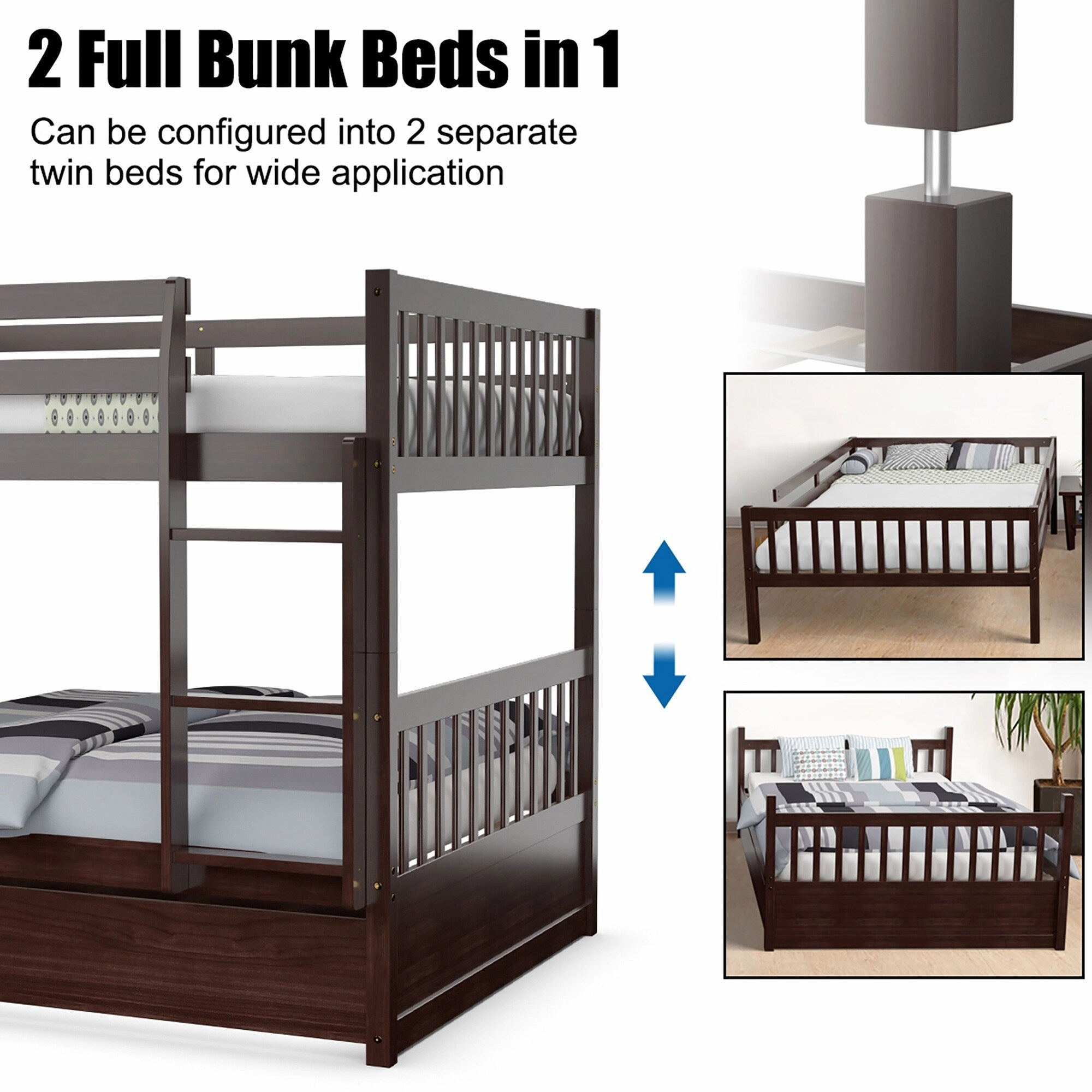 Gymax Full over Full Bunk Bed Platform Wood Bed w/ Trundle & Ladder
