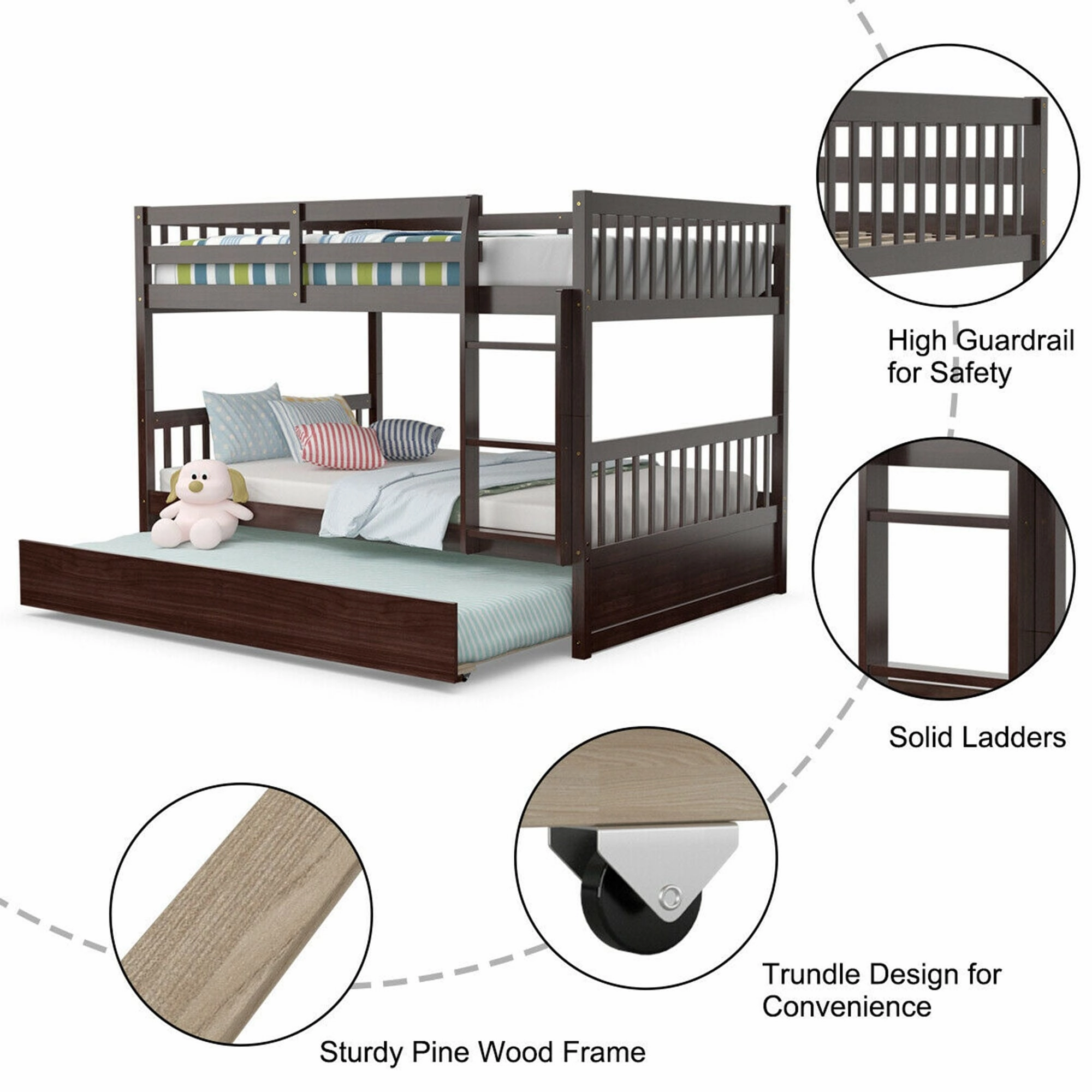 Gymax Full over Full Bunk Bed Platform Wood Bed w/ Trundle & Ladder