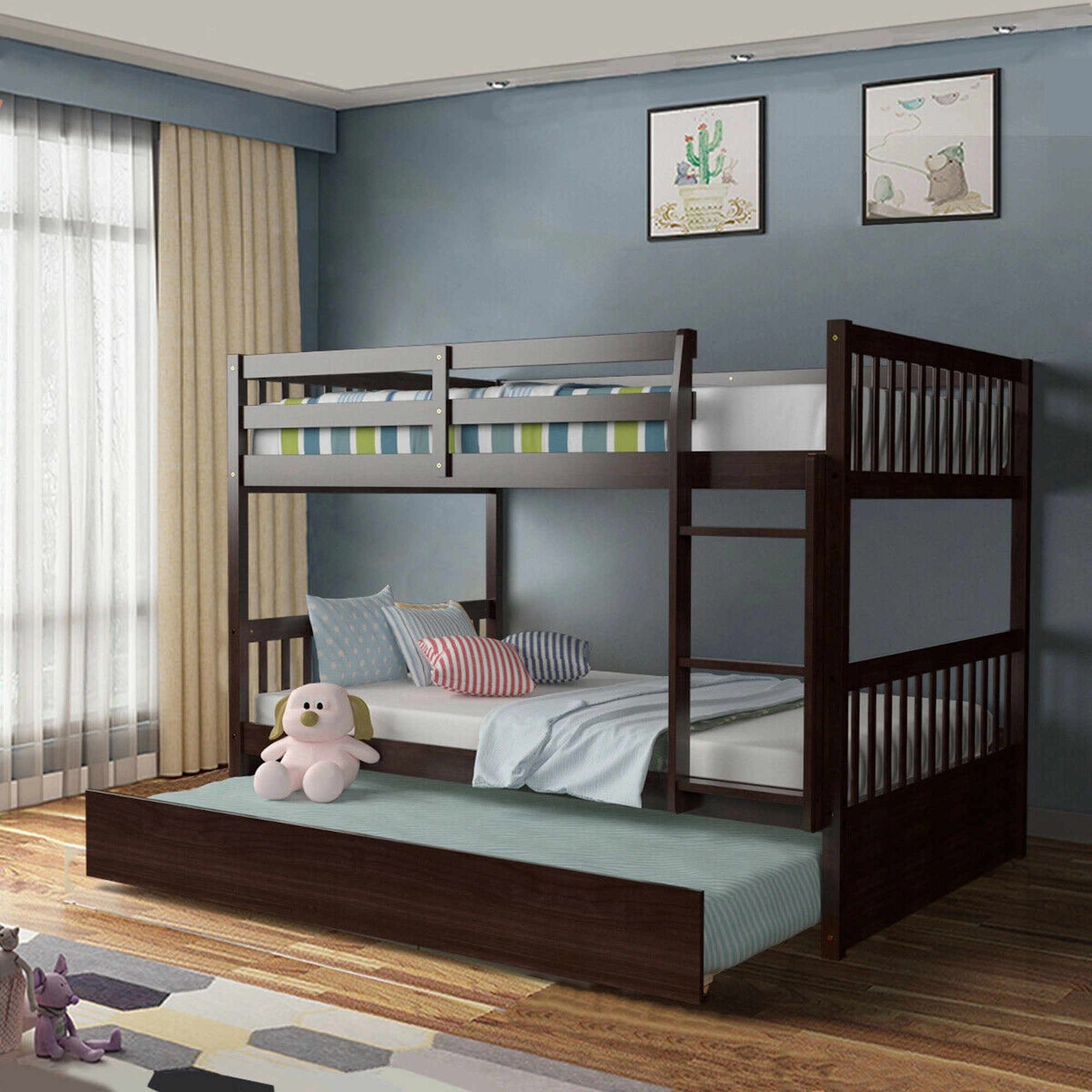 Gymax Full over Full Bunk Bed Platform Wood Bed w/ Trundle & Ladder