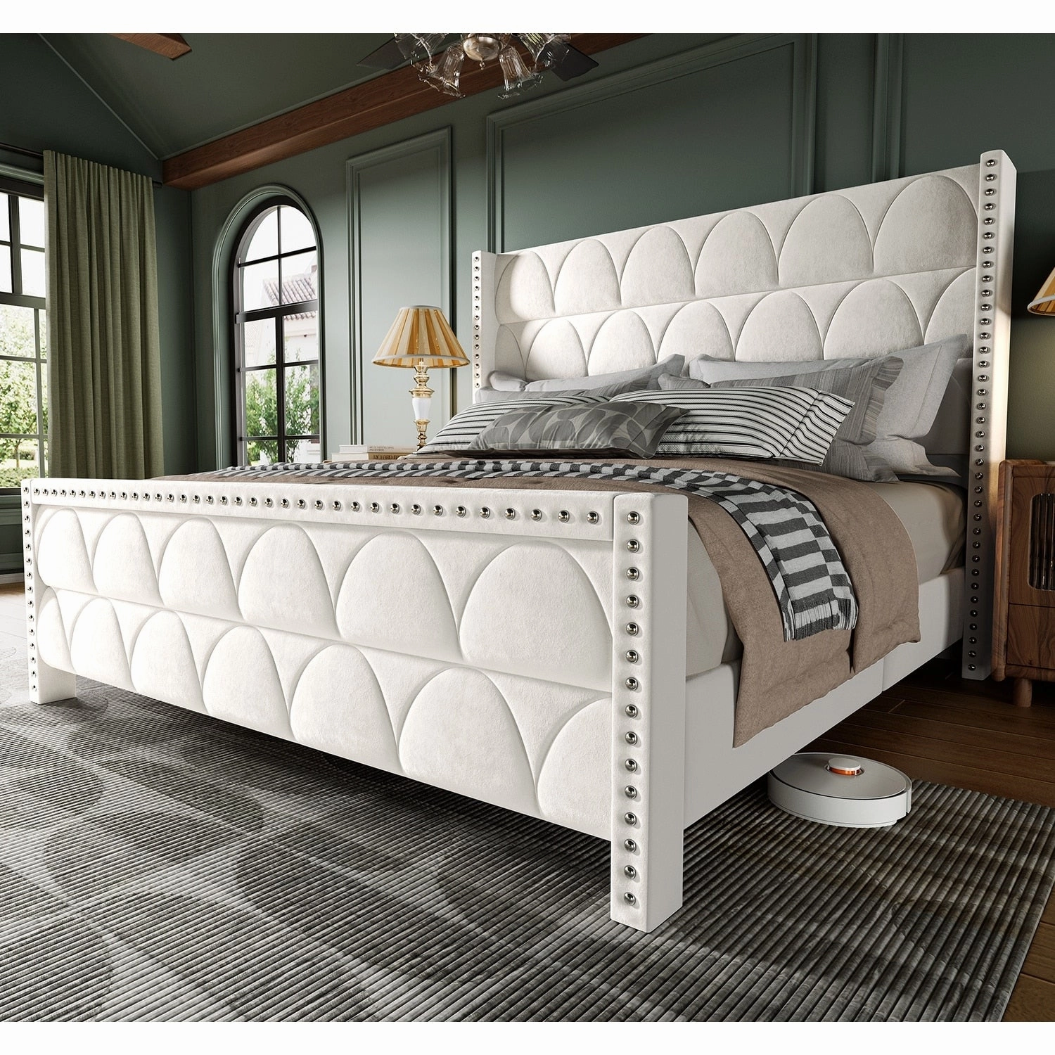Hansabenne King Size Upholstered Platform Bed Frame Velvet Wood Bed Frame with Headboard