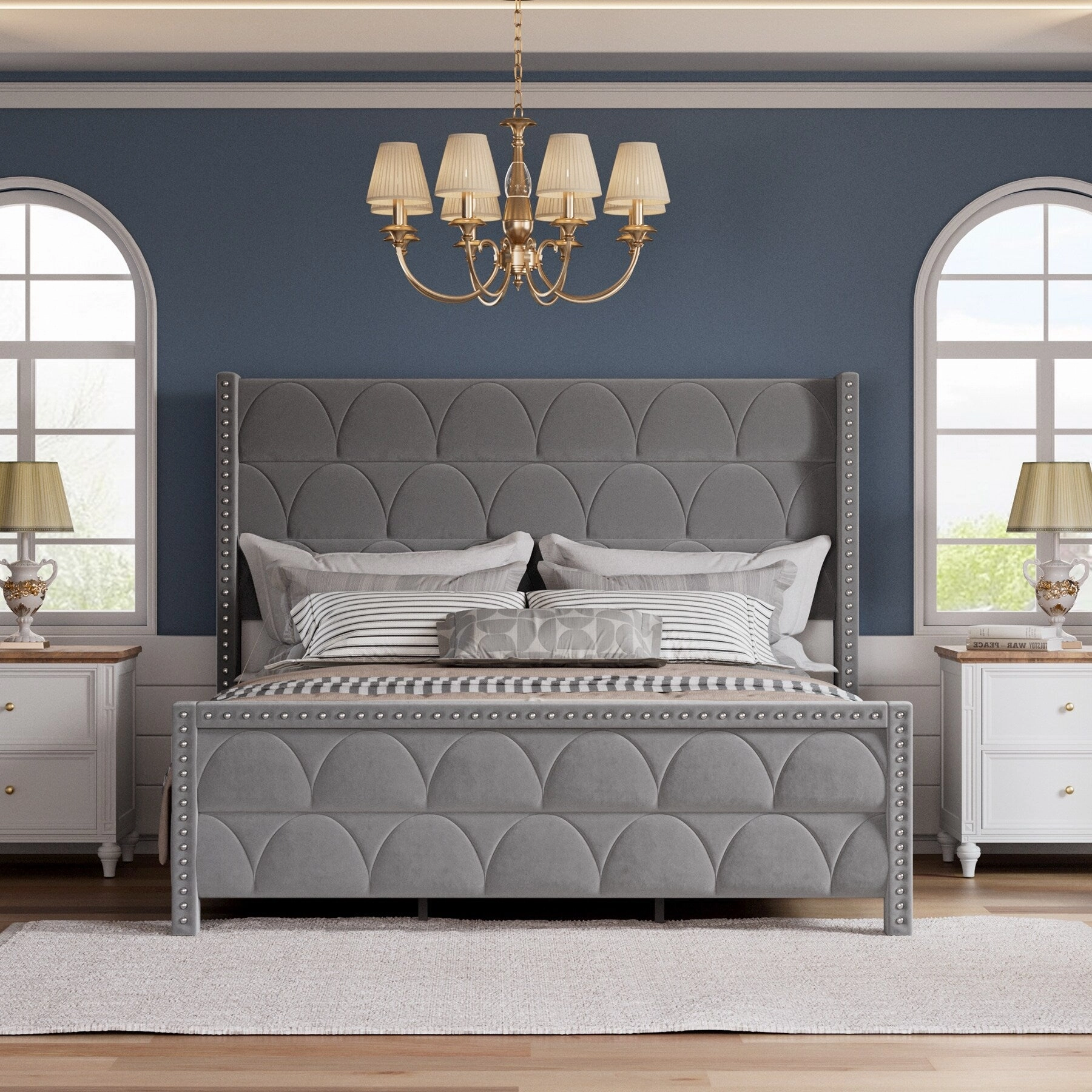 Hansabenne King Size Upholstered Platform Bed Frame Velvet Wood Bed Frame with Headboard