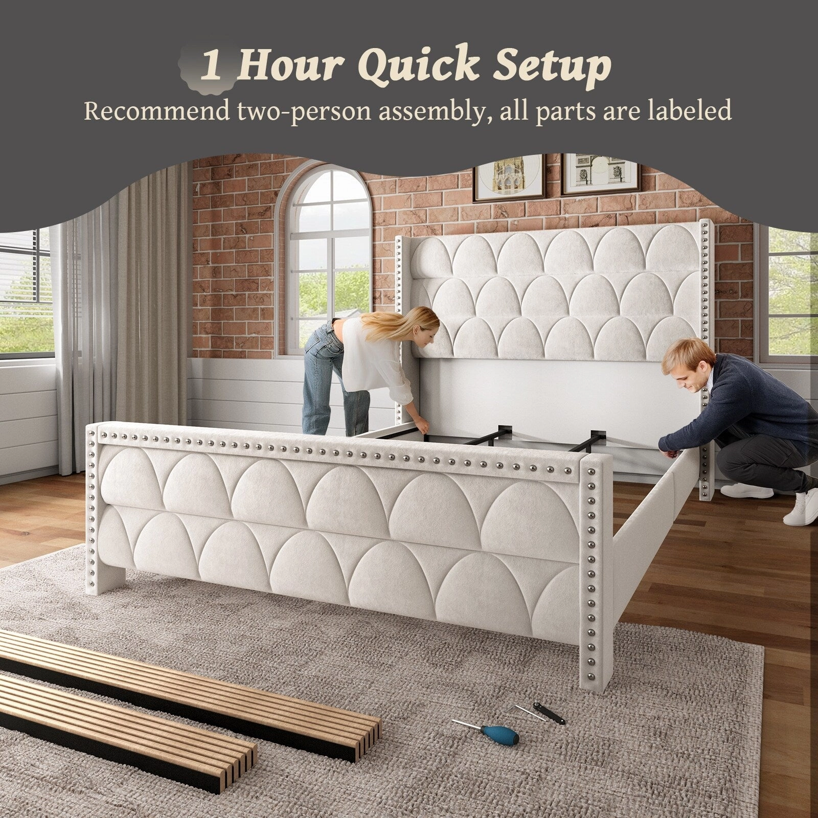 Hansabenne King Size Upholstered Platform Bed Frame Velvet Wood Bed Frame with Headboard