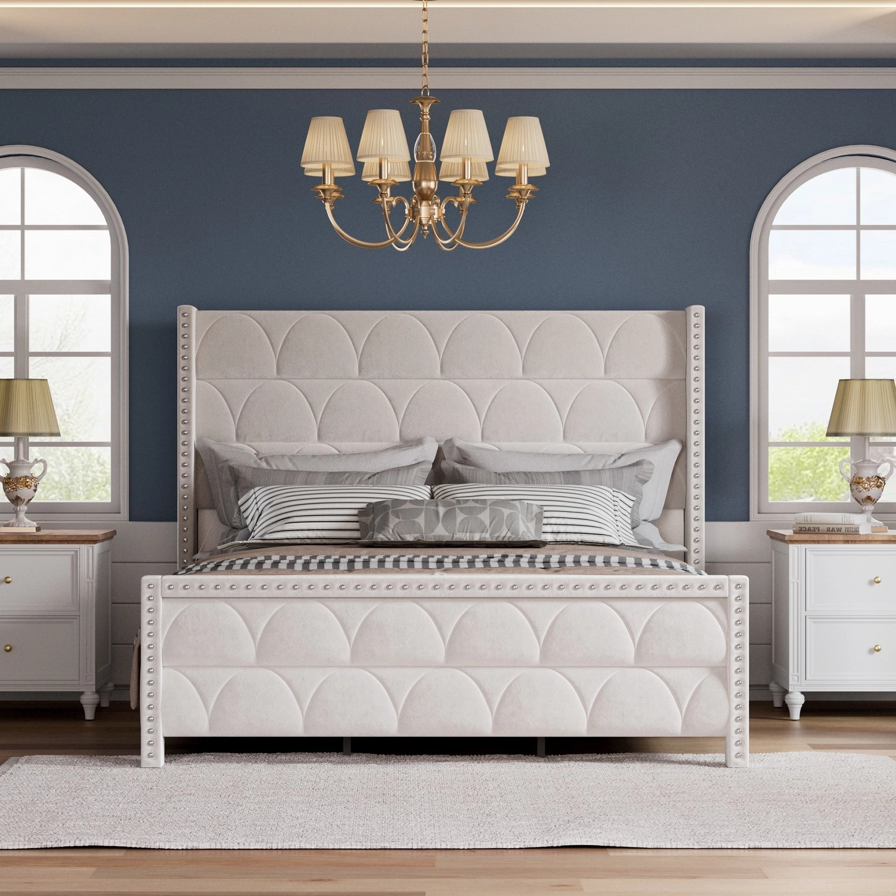 Hansabenne King Size Upholstered Platform Bed Frame Velvet Wood Bed Frame with Headboard