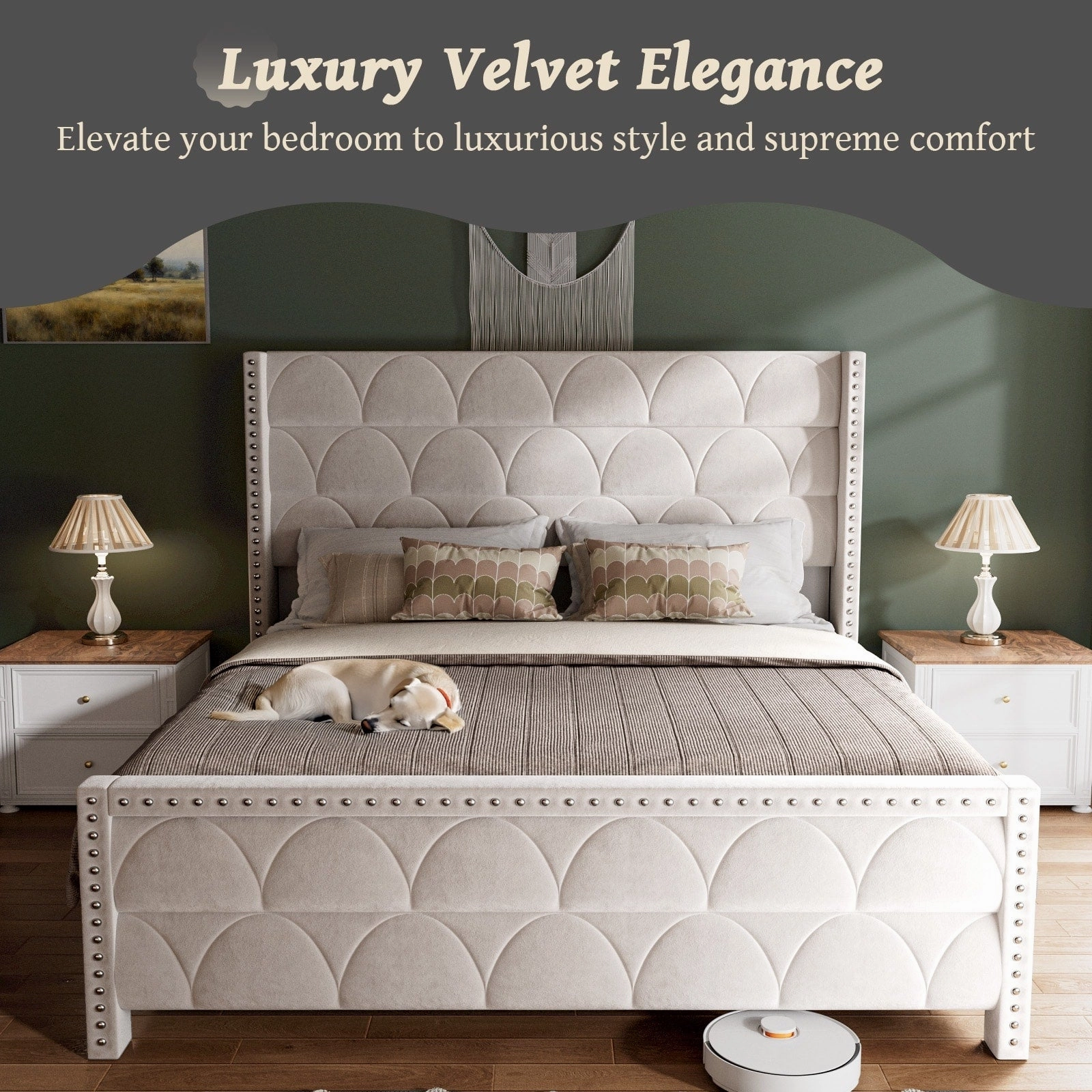 Hansabenne King Size Upholstered Platform Bed Frame Velvet Wood Bed Frame with Headboard