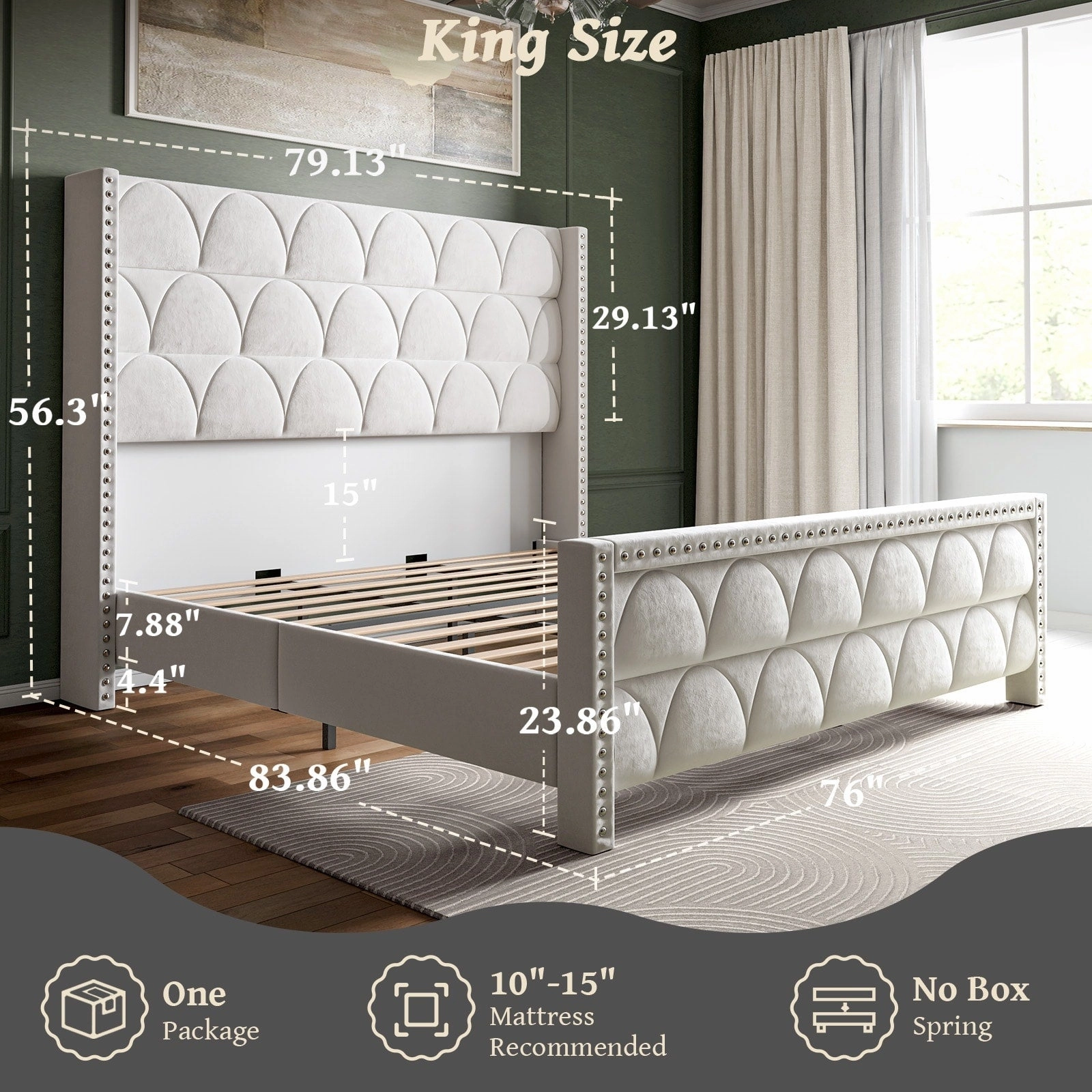 Hansabenne King Size Upholstered Platform Bed Frame Velvet Wood Bed Frame with Headboard