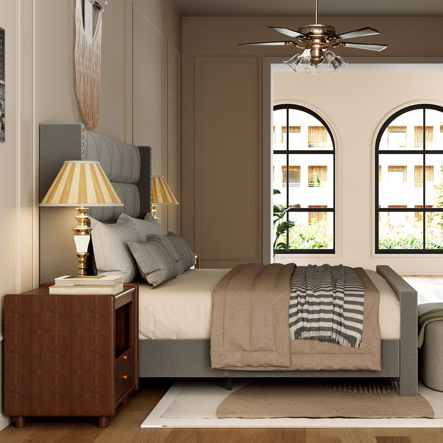 Hansabenne King Size Upholstered Platform Bed Frame Velvet Wood Bed Frame with Headboard