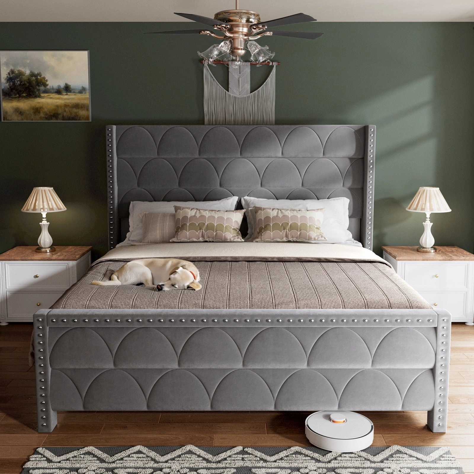 Hansabenne King Size Upholstered Platform Bed Frame Velvet Wood Bed Frame with Headboard