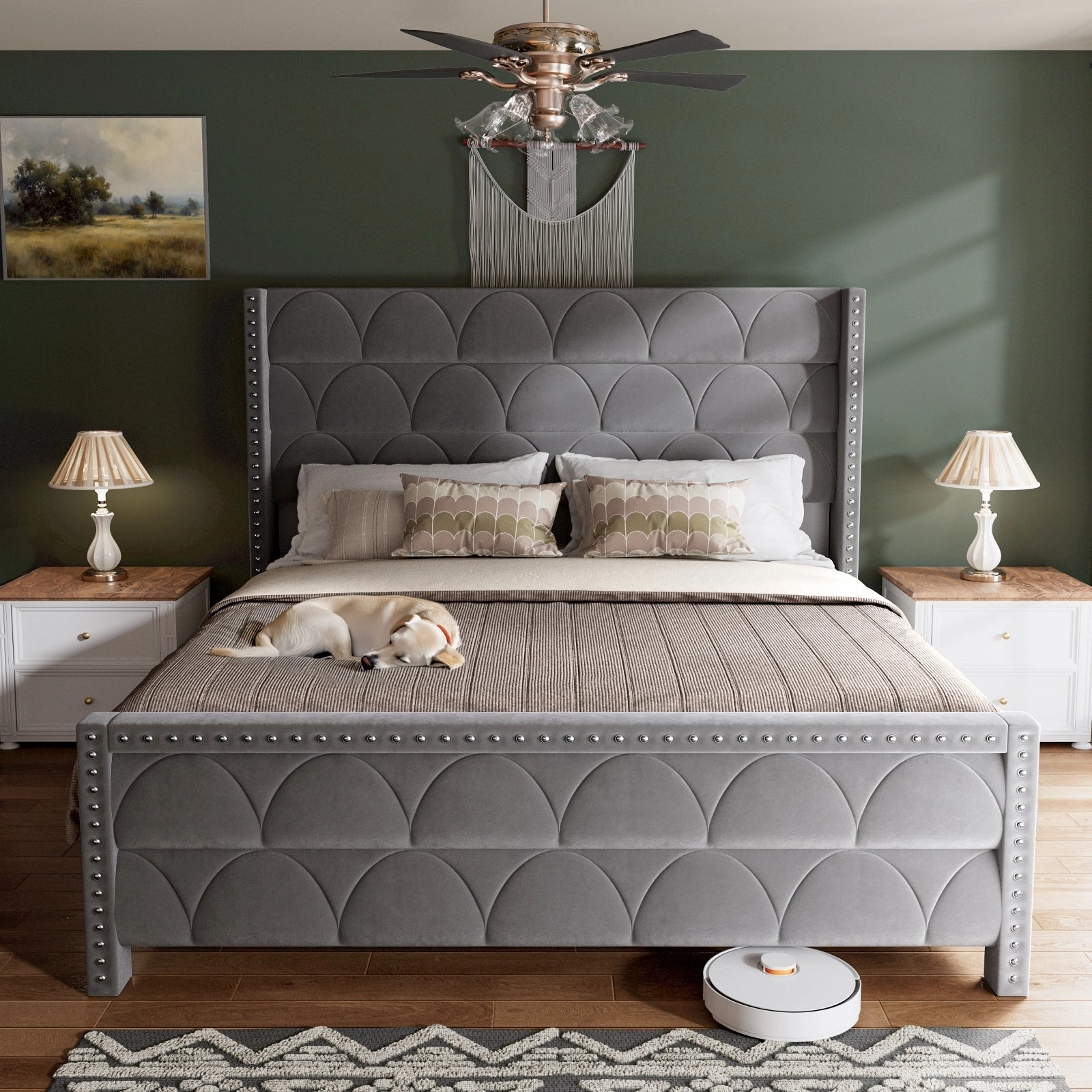 Hansabenne King Size Upholstered Platform Bed Frame Velvet Wood Bed Frame with Headboard