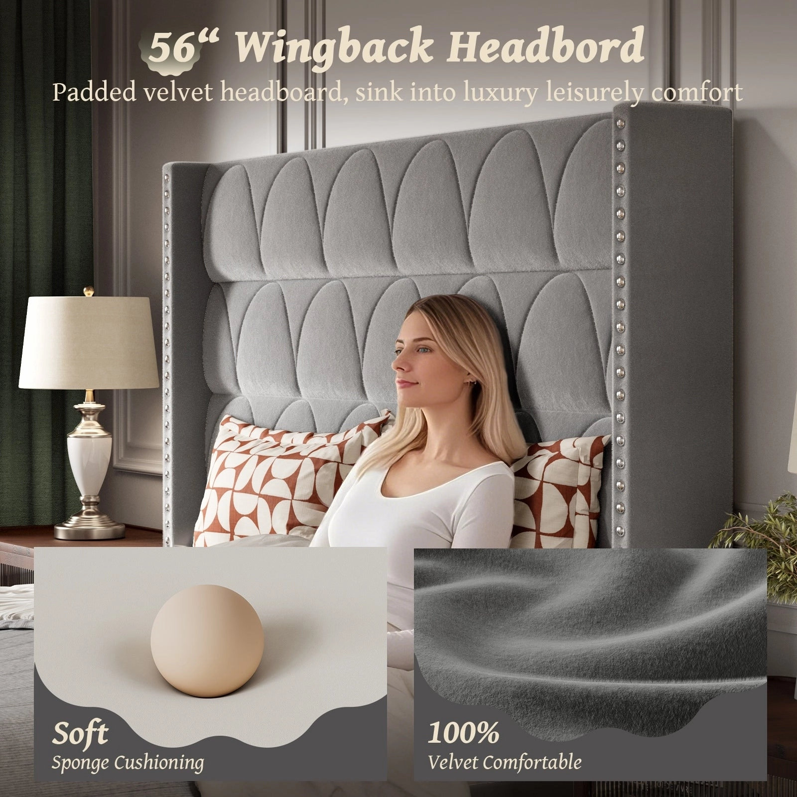 Hansabenne King Size Upholstered Platform Bed Frame Velvet Wood Bed Frame with Headboard