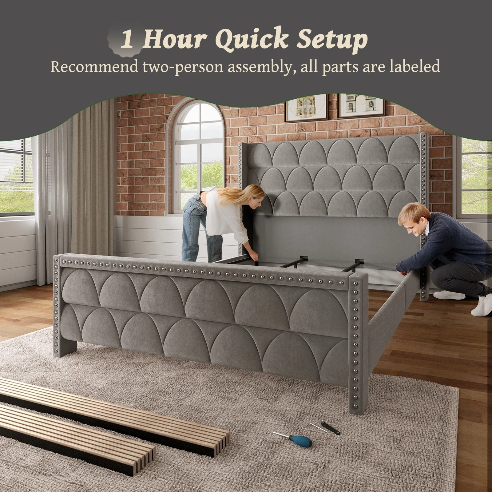 Hansabenne King Size Upholstered Platform Bed Frame Velvet Wood Bed Frame with Headboard