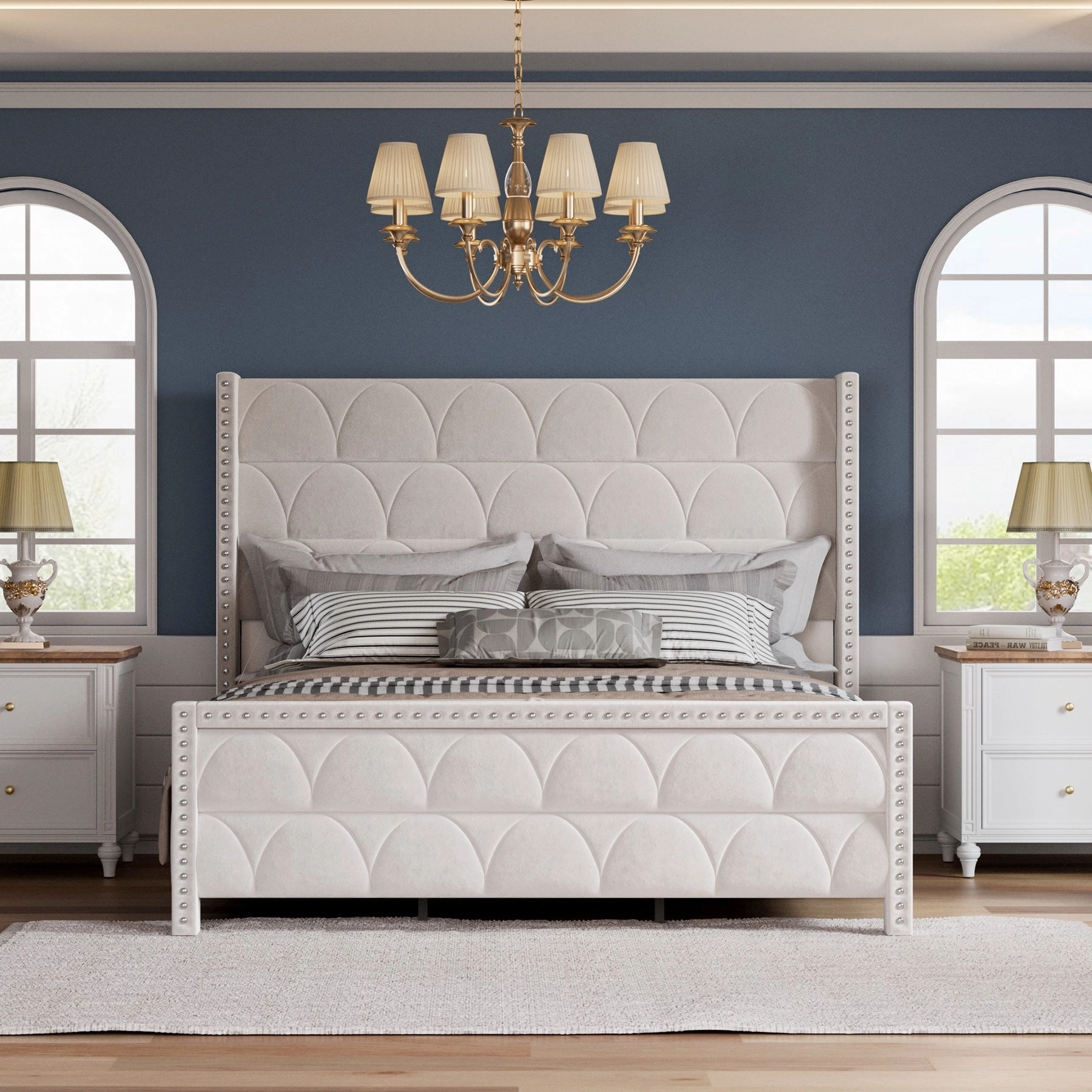 Hansabenne King Size Upholstered Platform Bed Frame Velvet Wood Bed Frame with Headboard