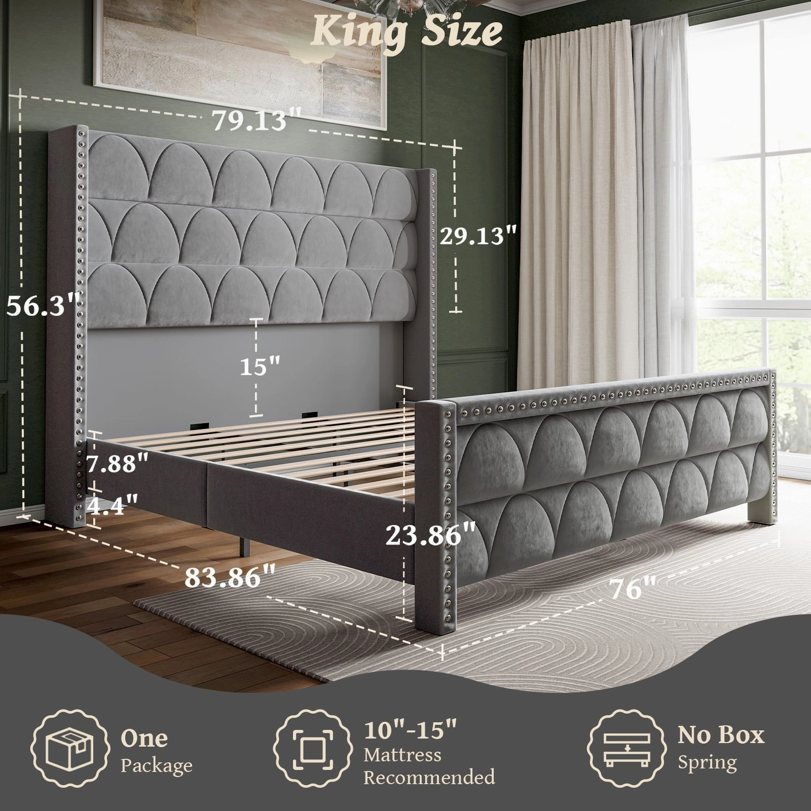 Hansabenne King Size Upholstered Platform Bed Frame Velvet Wood Bed Frame with Headboard