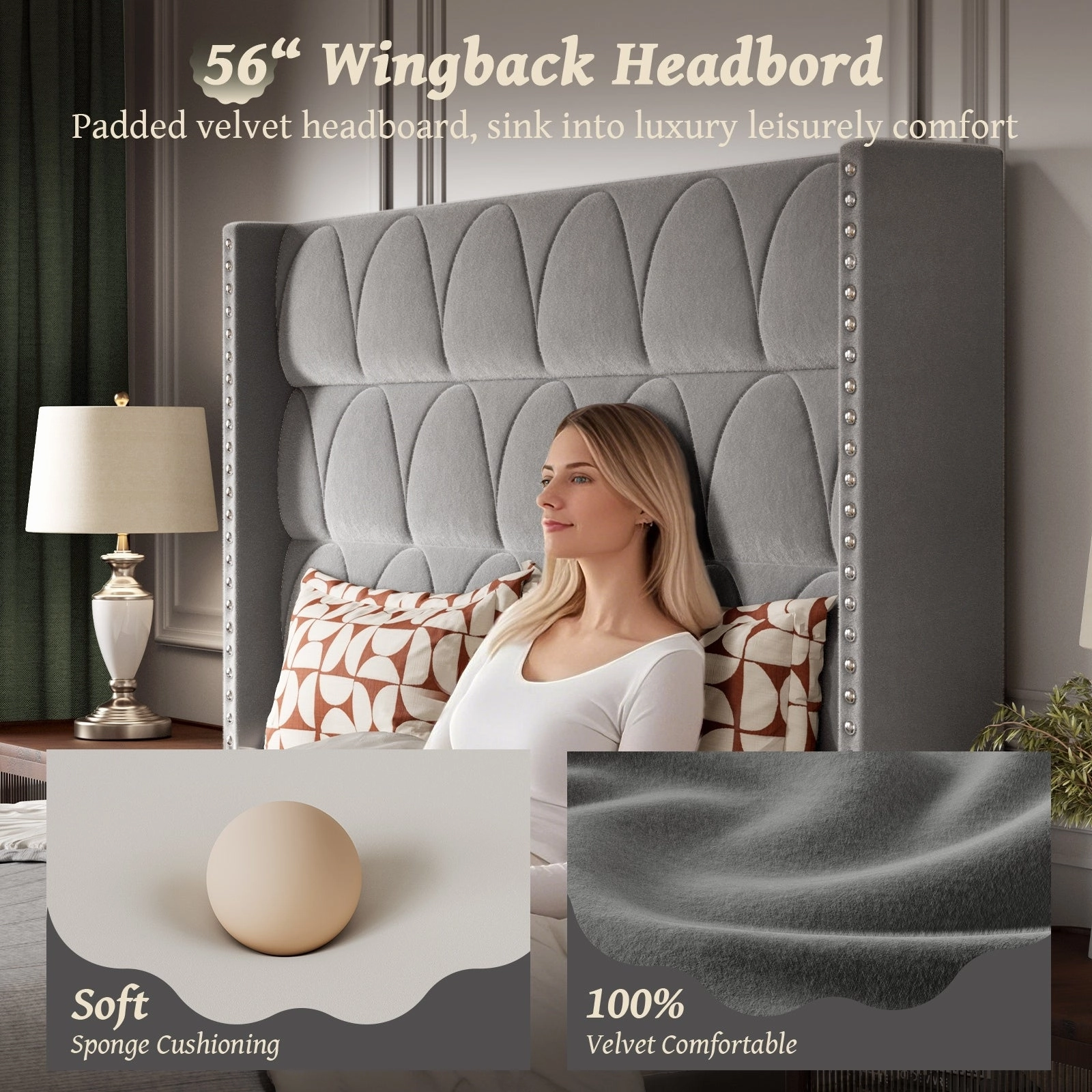 Hansabenne King Size Upholstered Platform Bed Frame Velvet Wood Bed Frame with Headboard