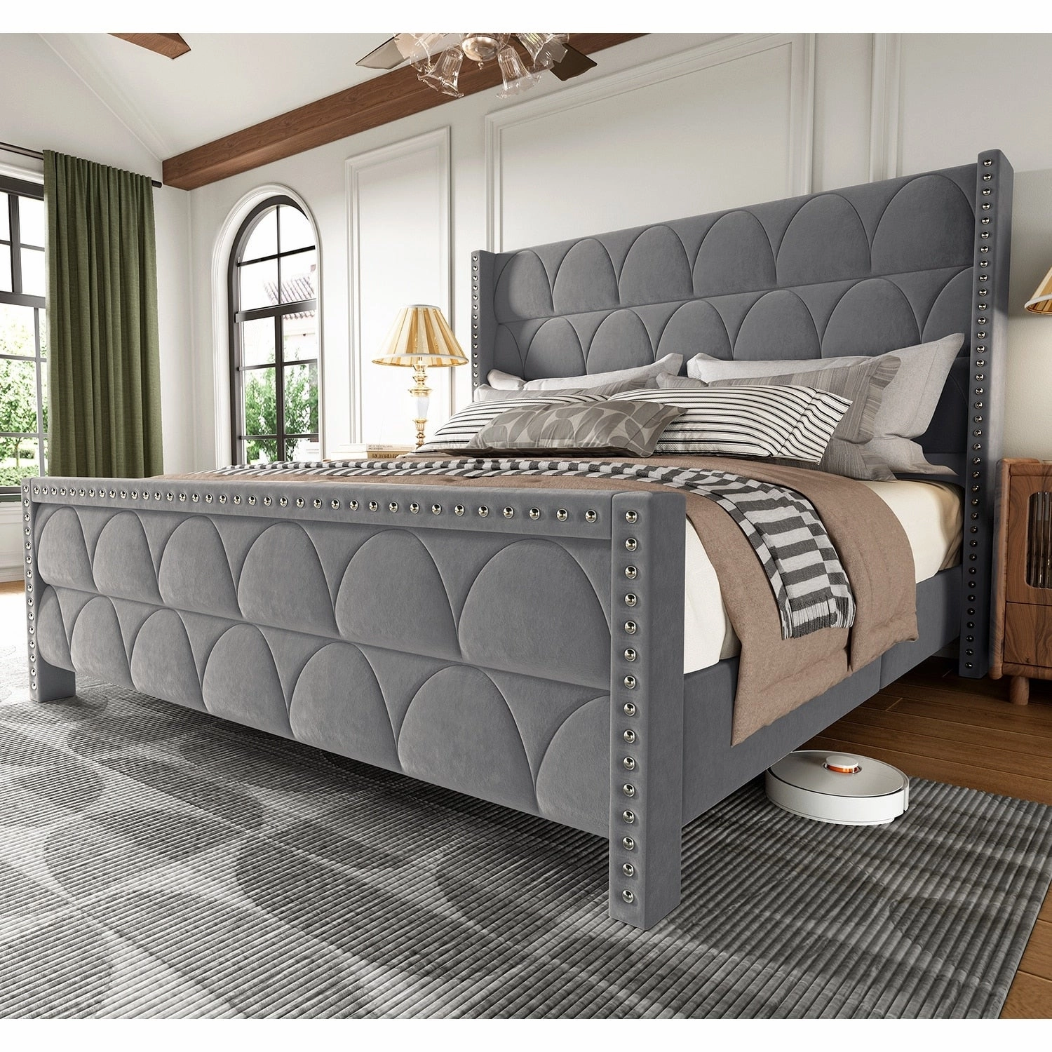 Hansabenne King Size Upholstered Platform Bed Frame Velvet Wood Bed Frame with Headboard