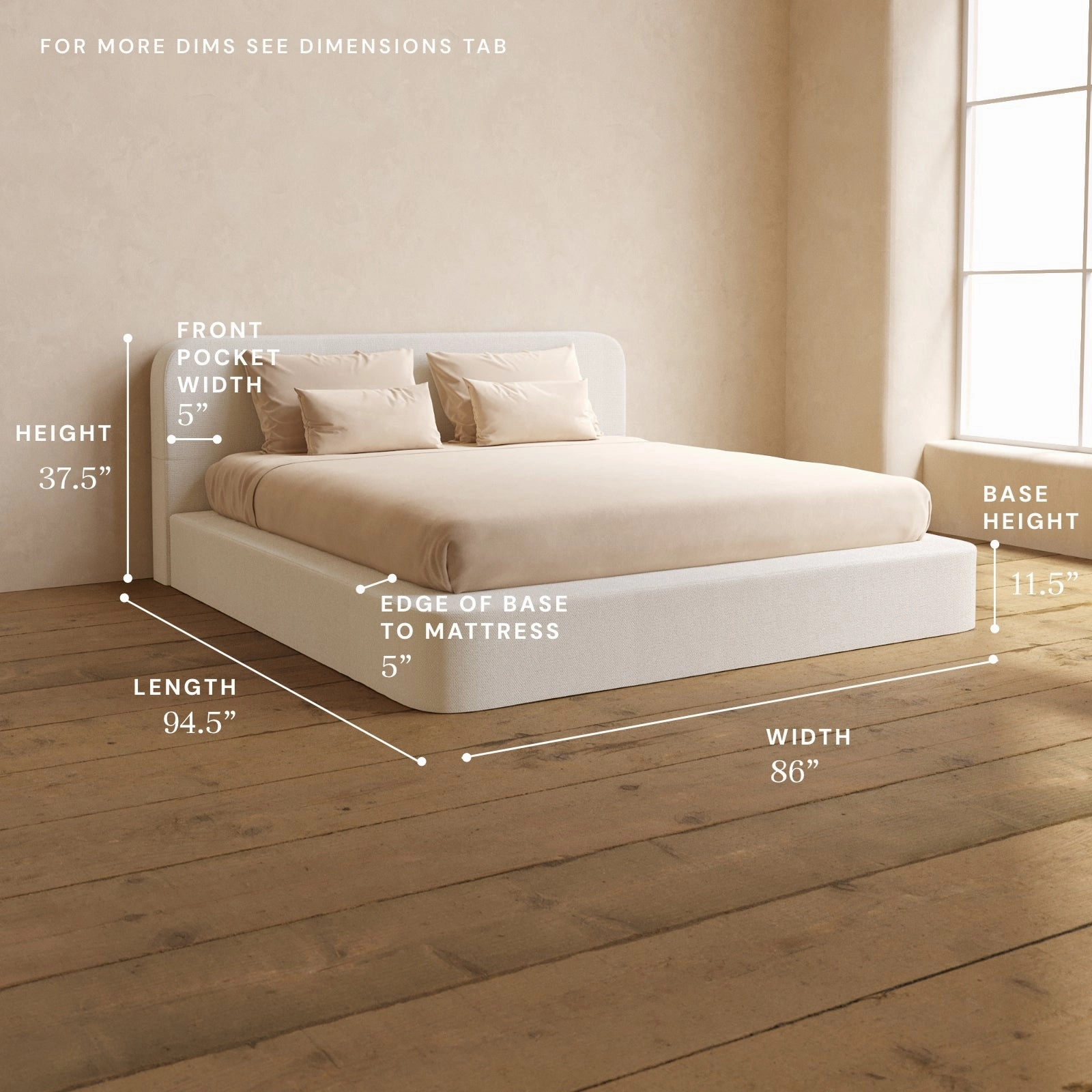 King Upholstered Platform Bed   Headboard | Knit Velvet in Powder