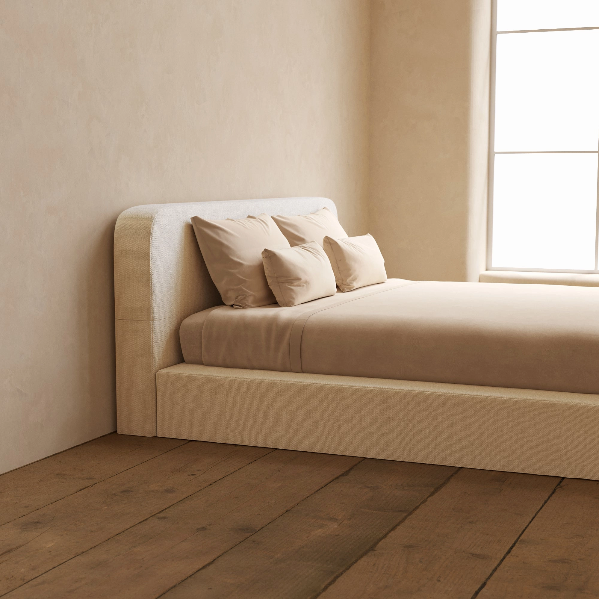 King Upholstered Platform Bed   Headboard | Knit Velvet in Powder