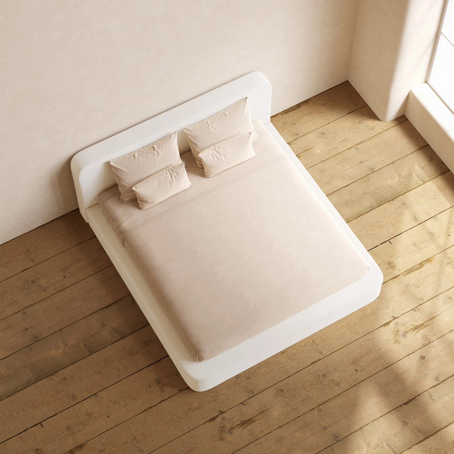 King Upholstered Platform Bed   Headboard | Knit Velvet in Powder