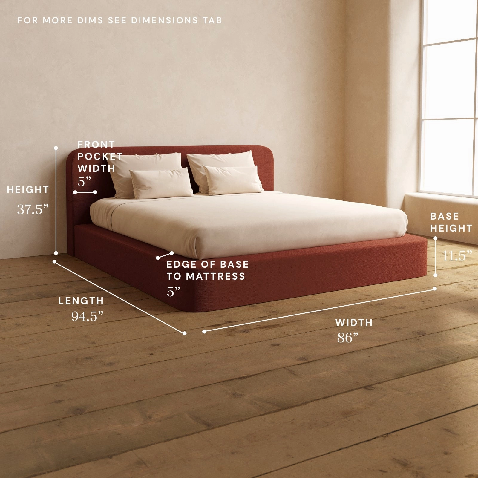 King Upholstered Platform Bed   Headboard | Knit Velvet in Rust