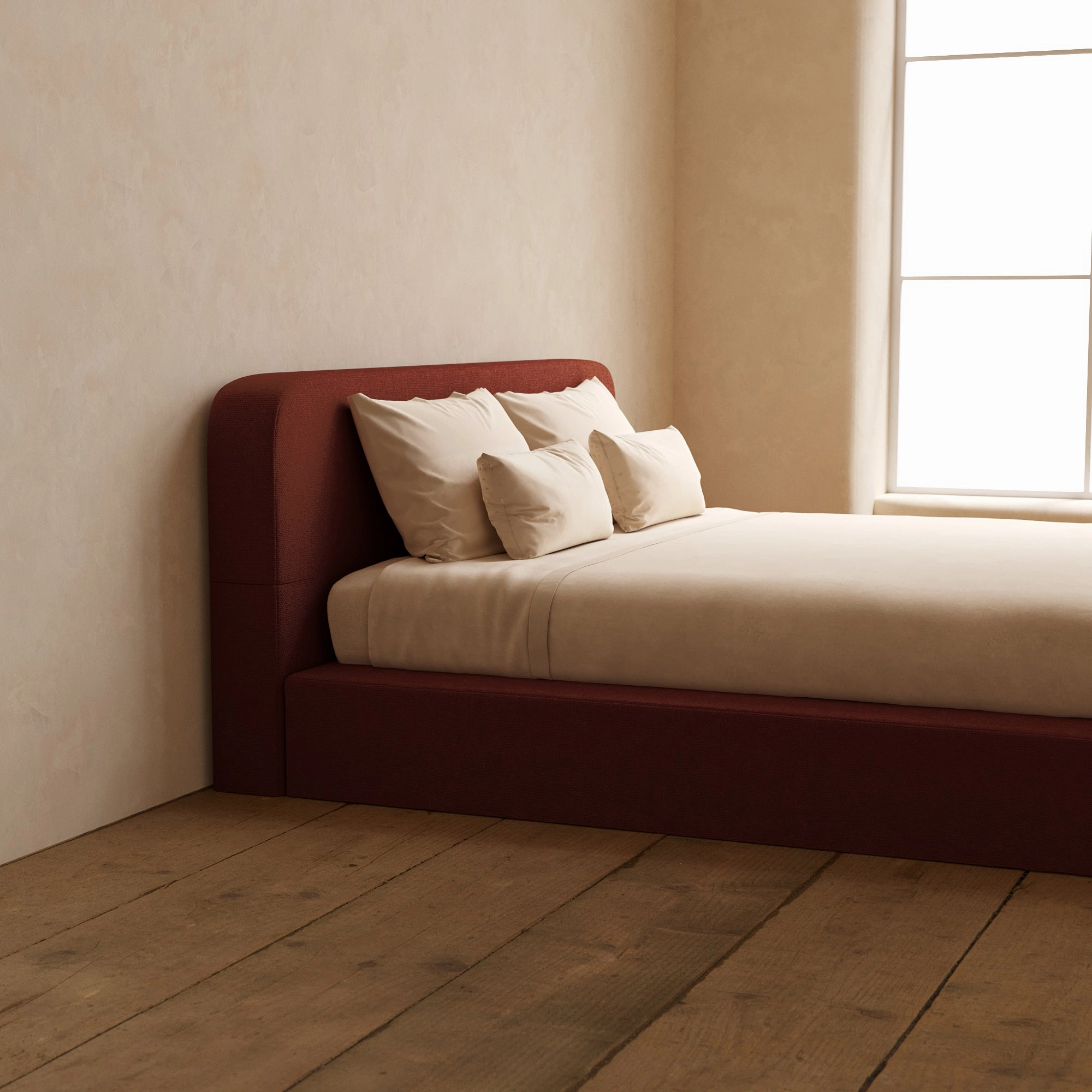 King Upholstered Platform Bed   Headboard | Knit Velvet in Rust