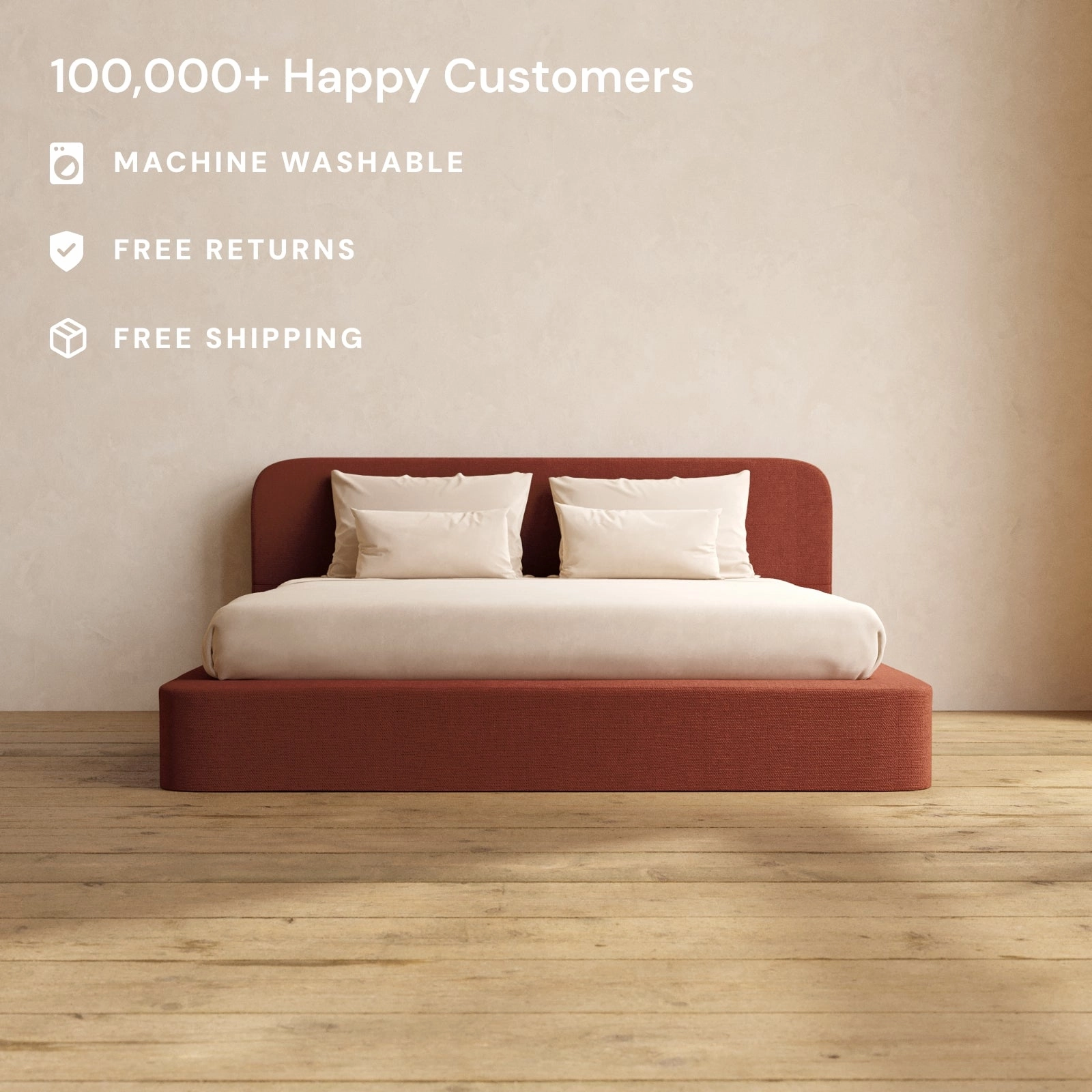 King Upholstered Platform Bed   Headboard | Knit Velvet in Rust
