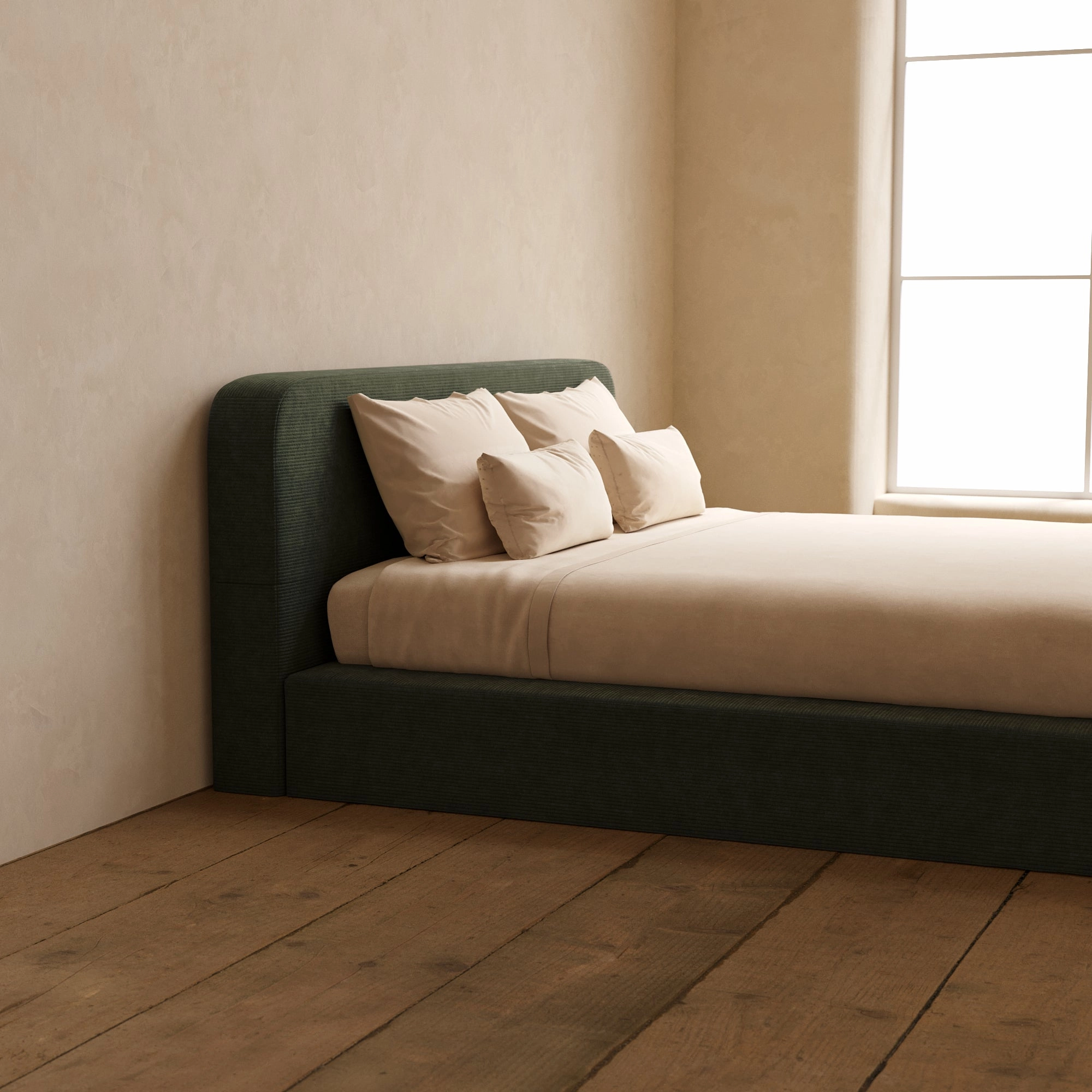 King Upholstered Platform Bed   Headboard | Luxe Corduroy in Olivine
