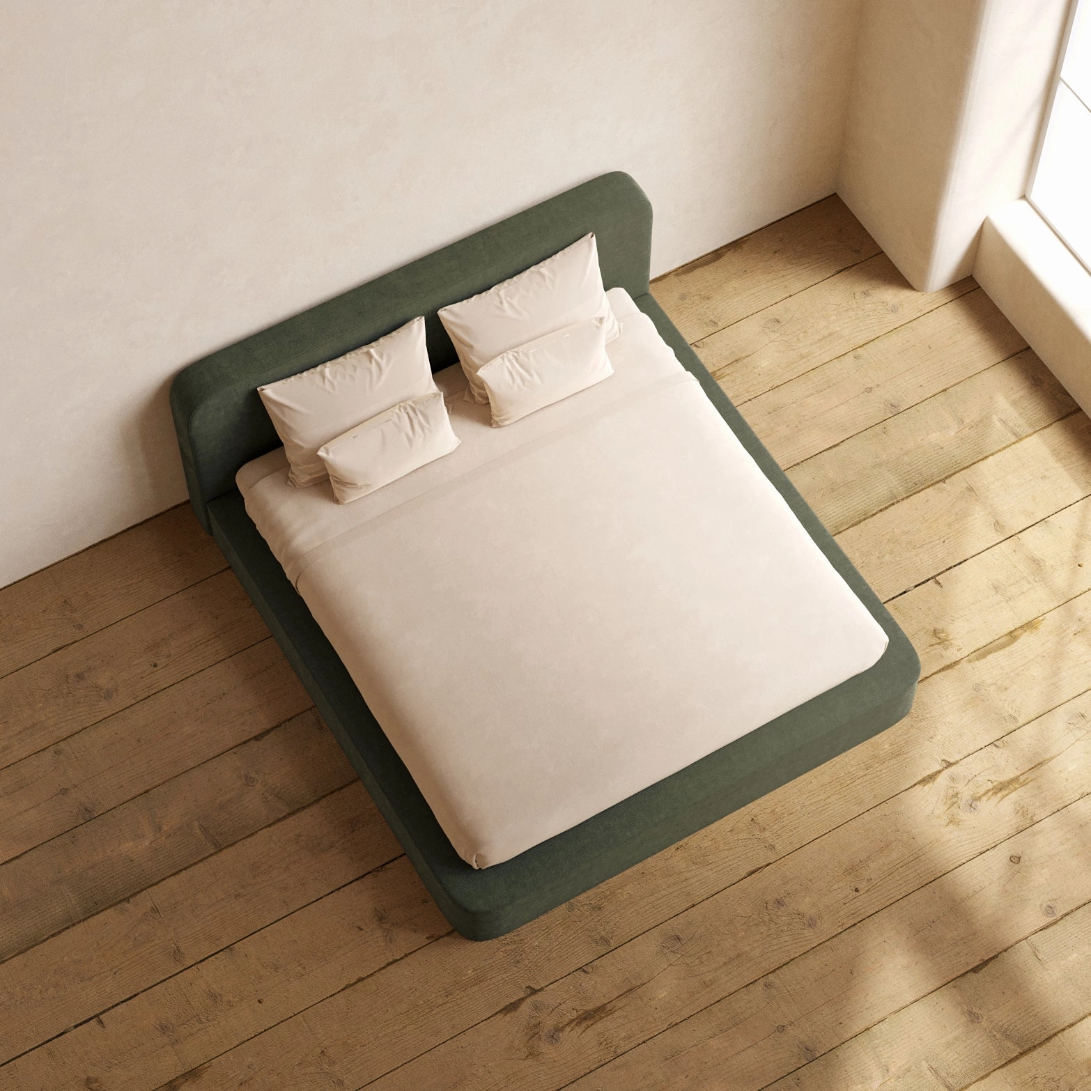 King Upholstered Platform Bed   Headboard | Luxe Corduroy in Olivine