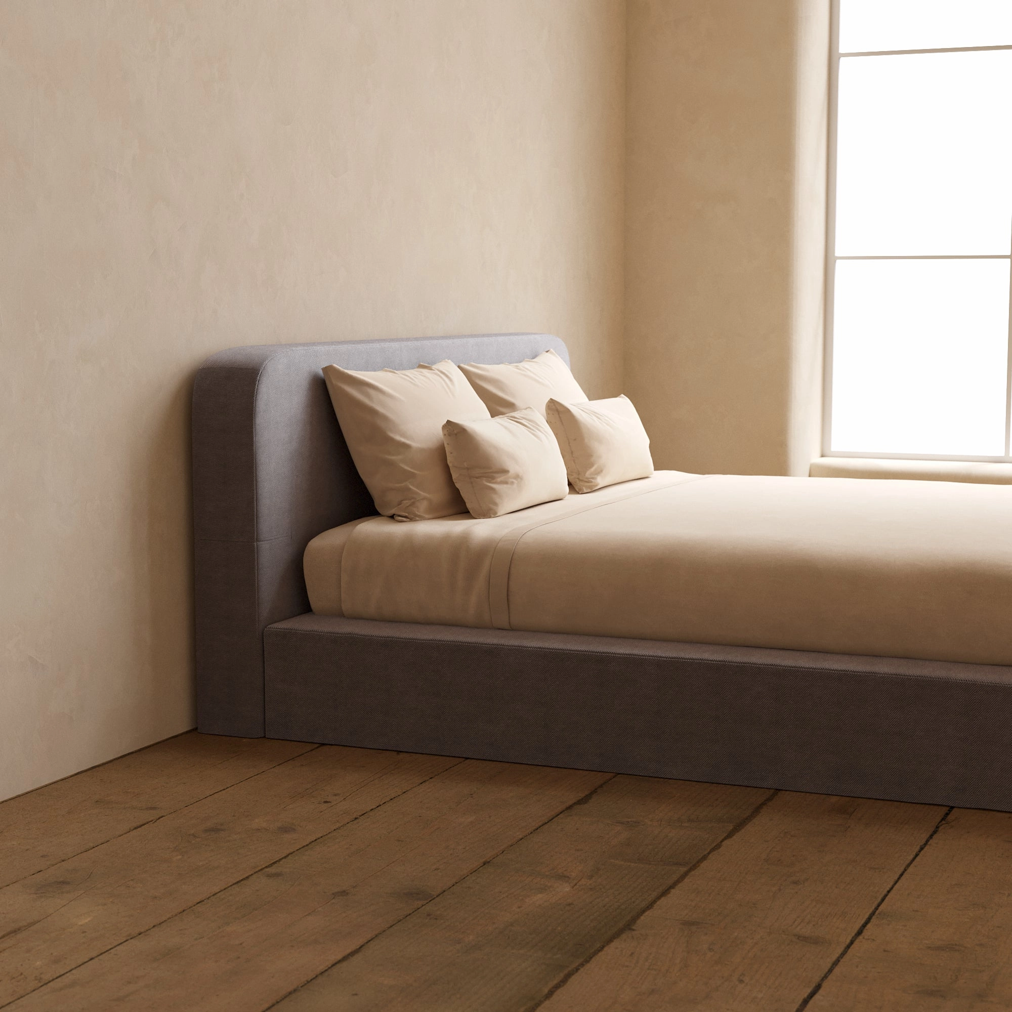 King Upholstered Platform Bed   Headboard | Plush Weave in Ash