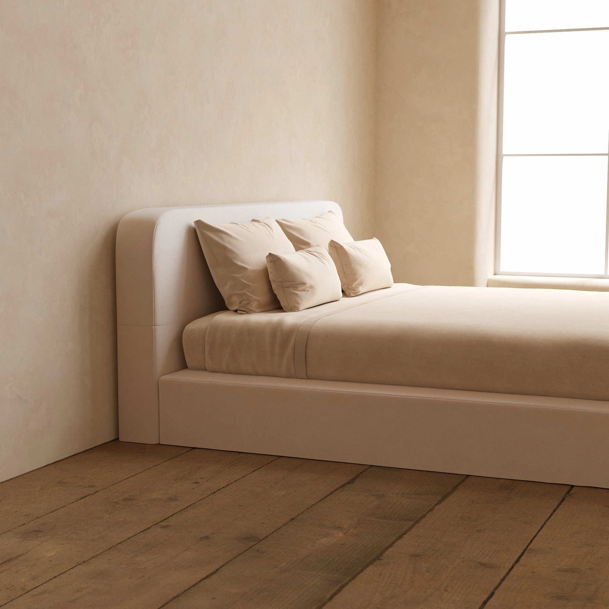 King Upholstered Platform Bed   Headboard | Plush Weave in Eggshell