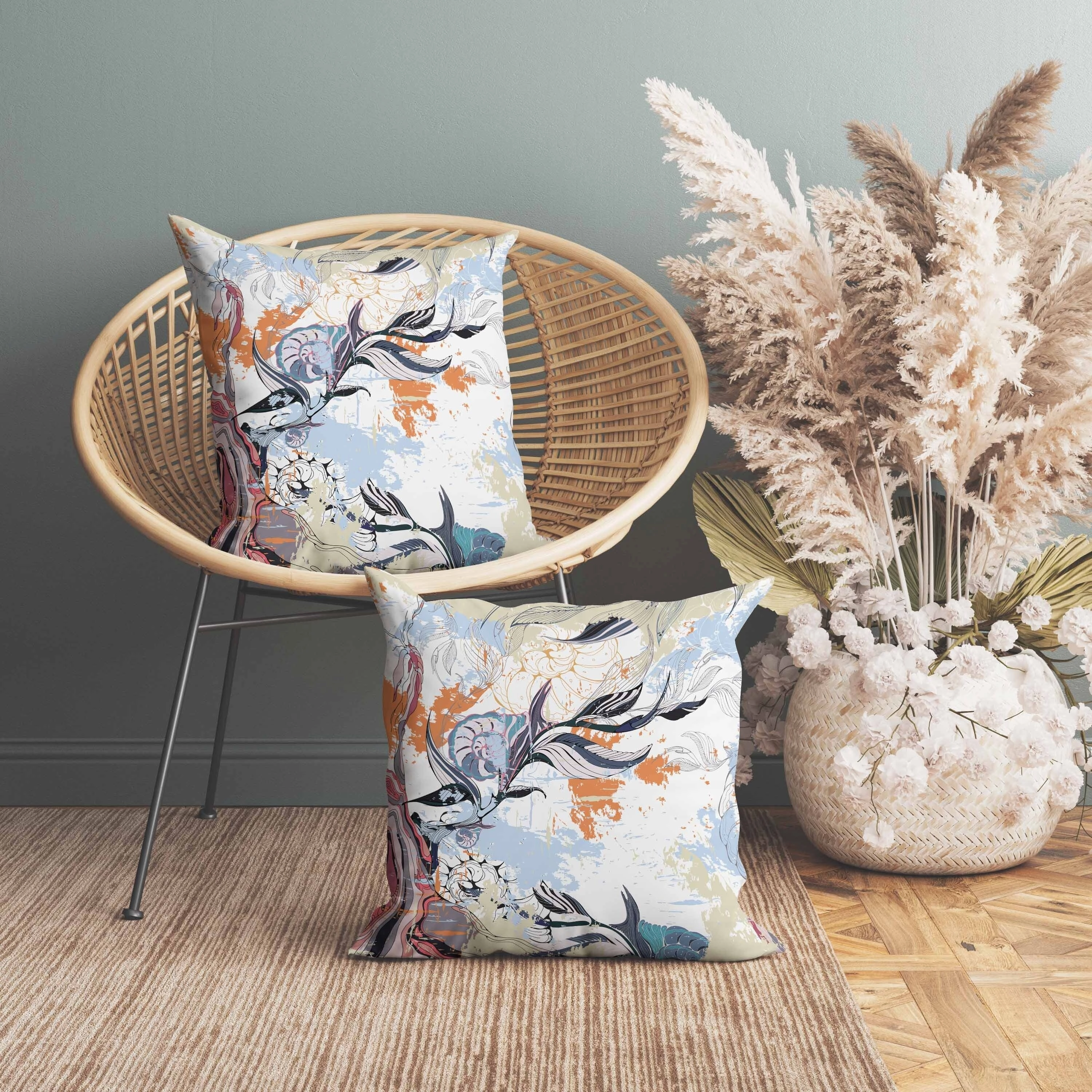 Leaf Lurker Faux Suede Reversible Throw Pillow White and Blue