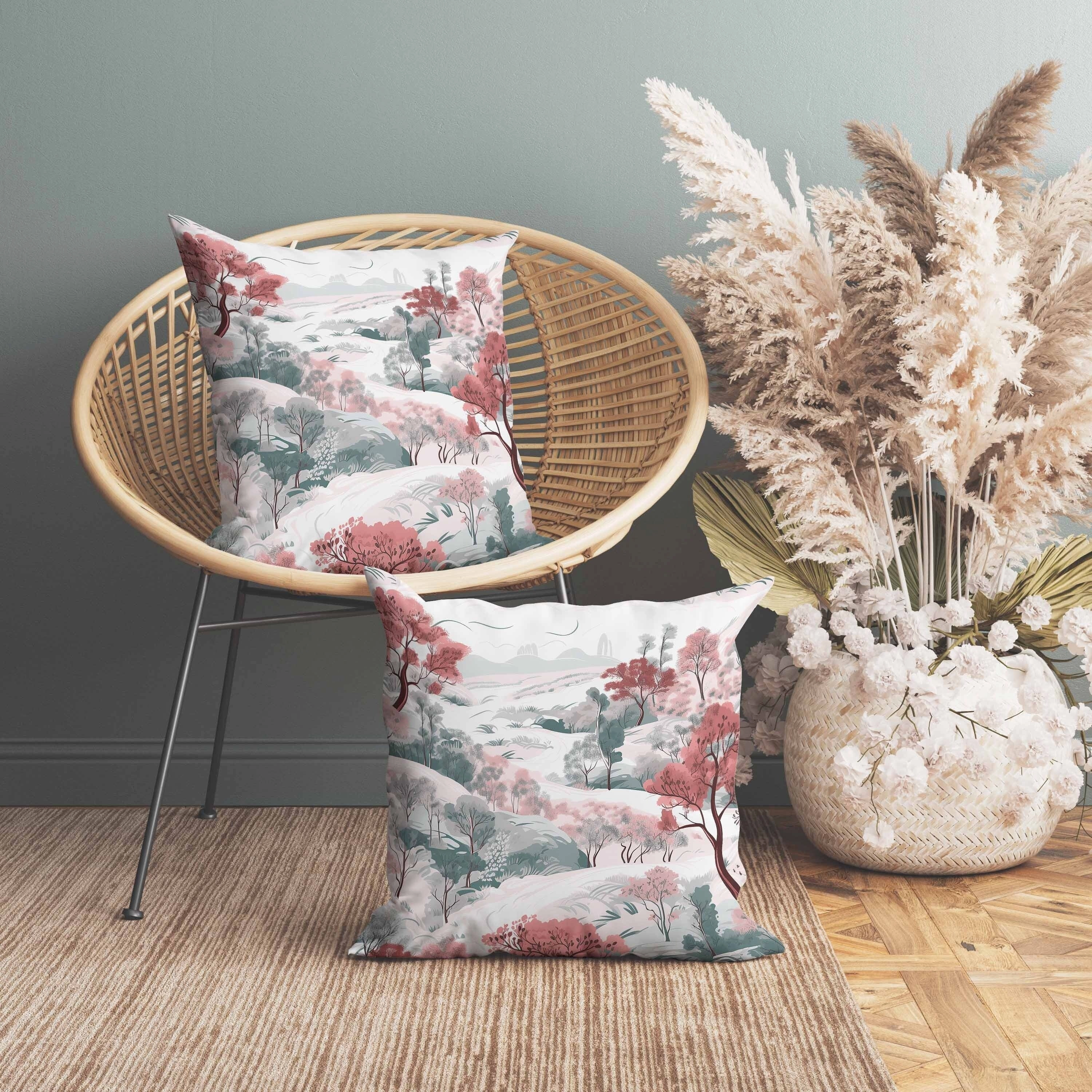 Leaf Magic Stories Indoor/Outdoor Reversible Throw Pillow Pink and Green