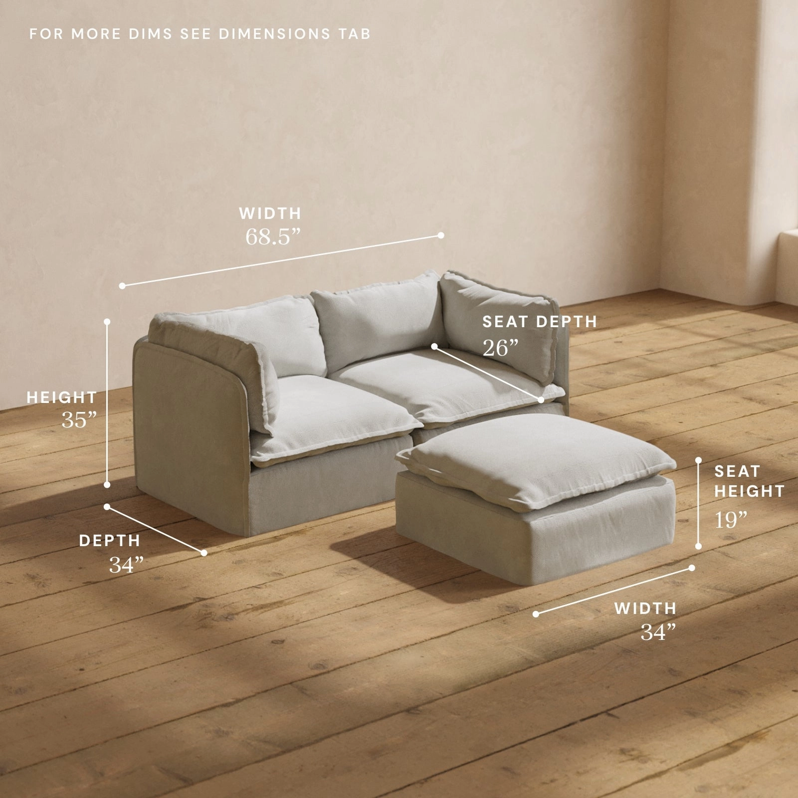 Modular Performance 2-Seater   Ottoman in Cloud | Deluxe Blend