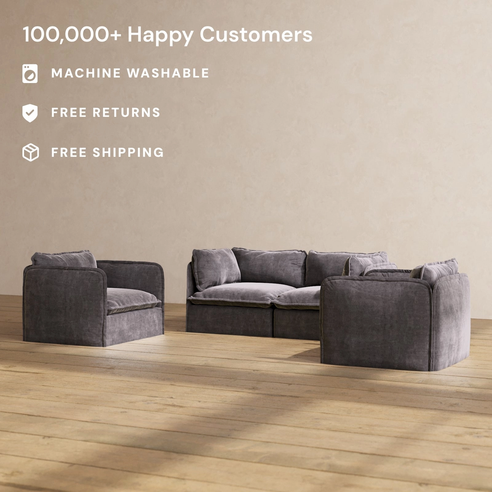 Modular Performance 2-Seater Sofa   Armchair Set in Cinder | Deluxe Blend