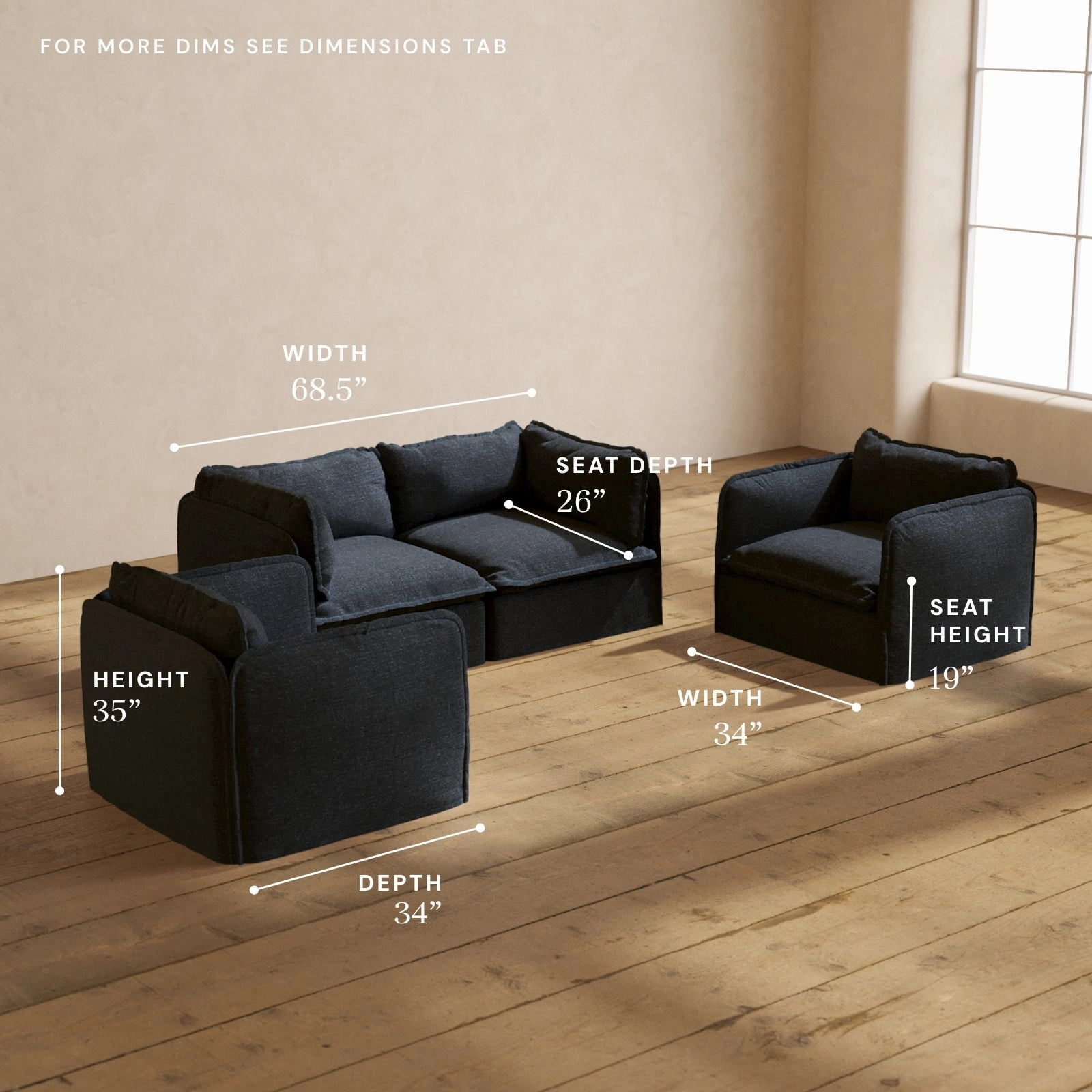 Modular Performance 2-Seater Sofa   Armchair Set in Indigo | Relaxed Blend