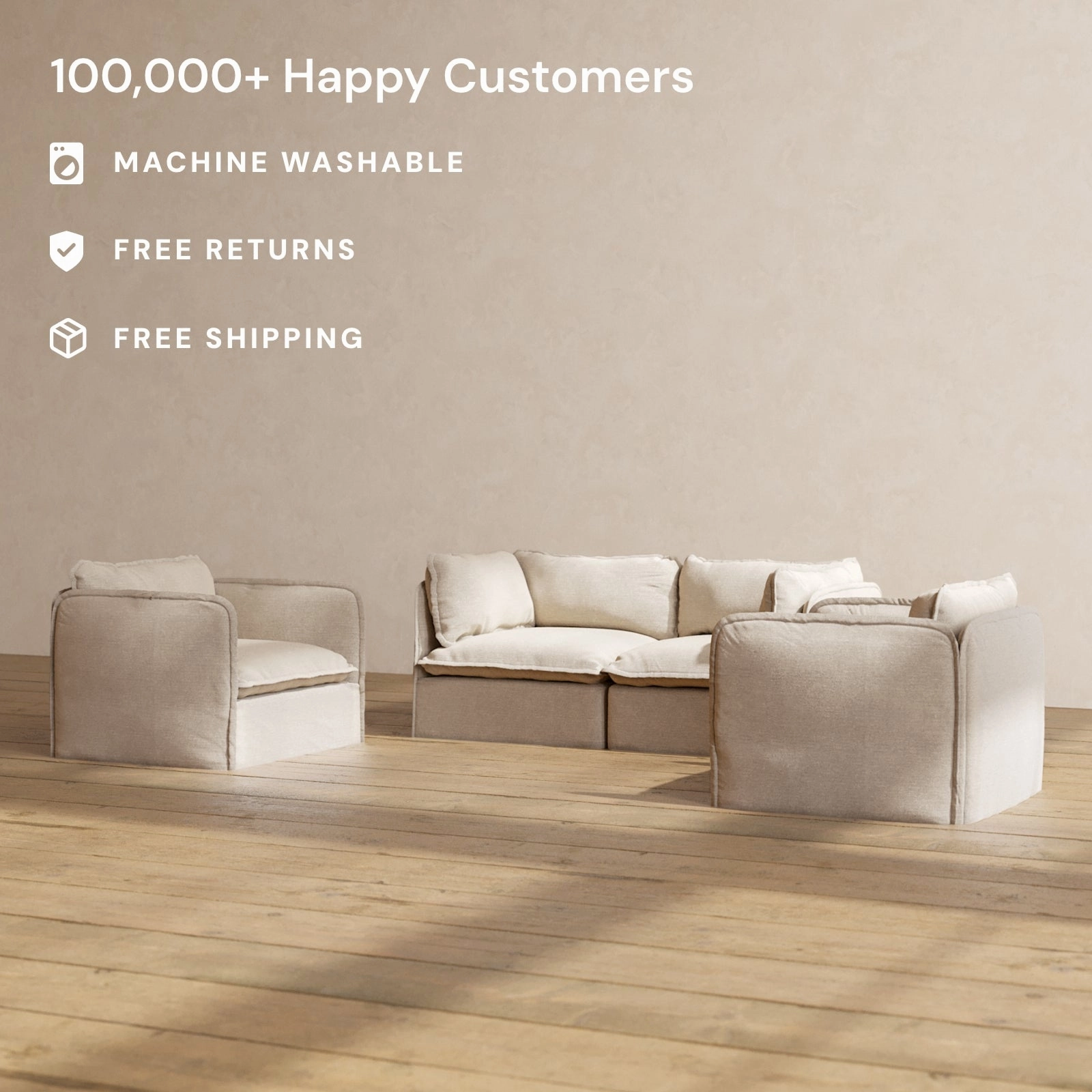 Modular Performance 2-Seater Sofa   Armchair Set in Oat | Deluxe Blend