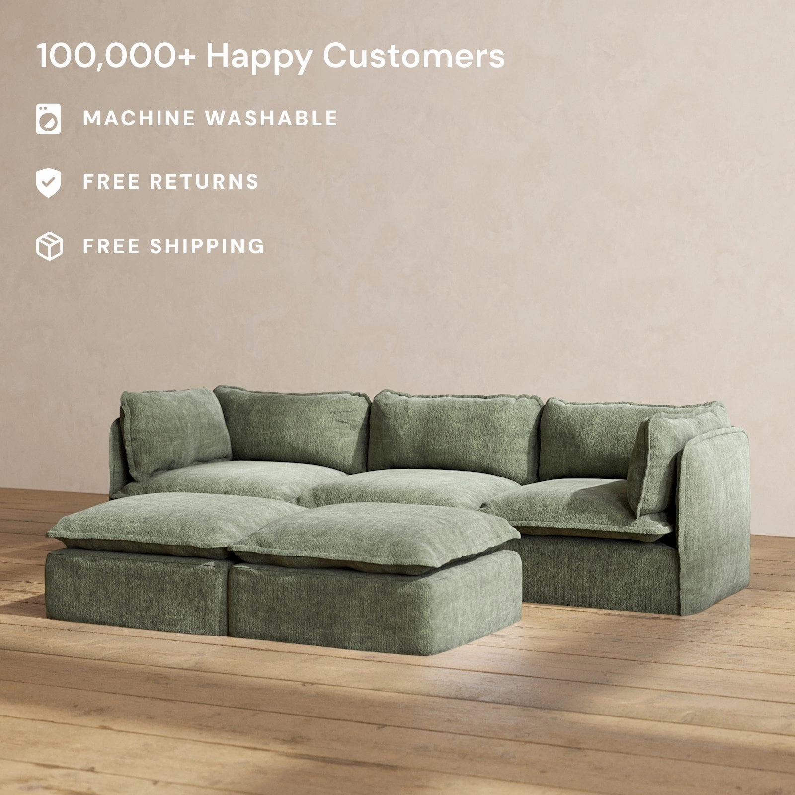 Modular Performance 3-Seater   Bench Ottoman in Willow | Deluxe Blend