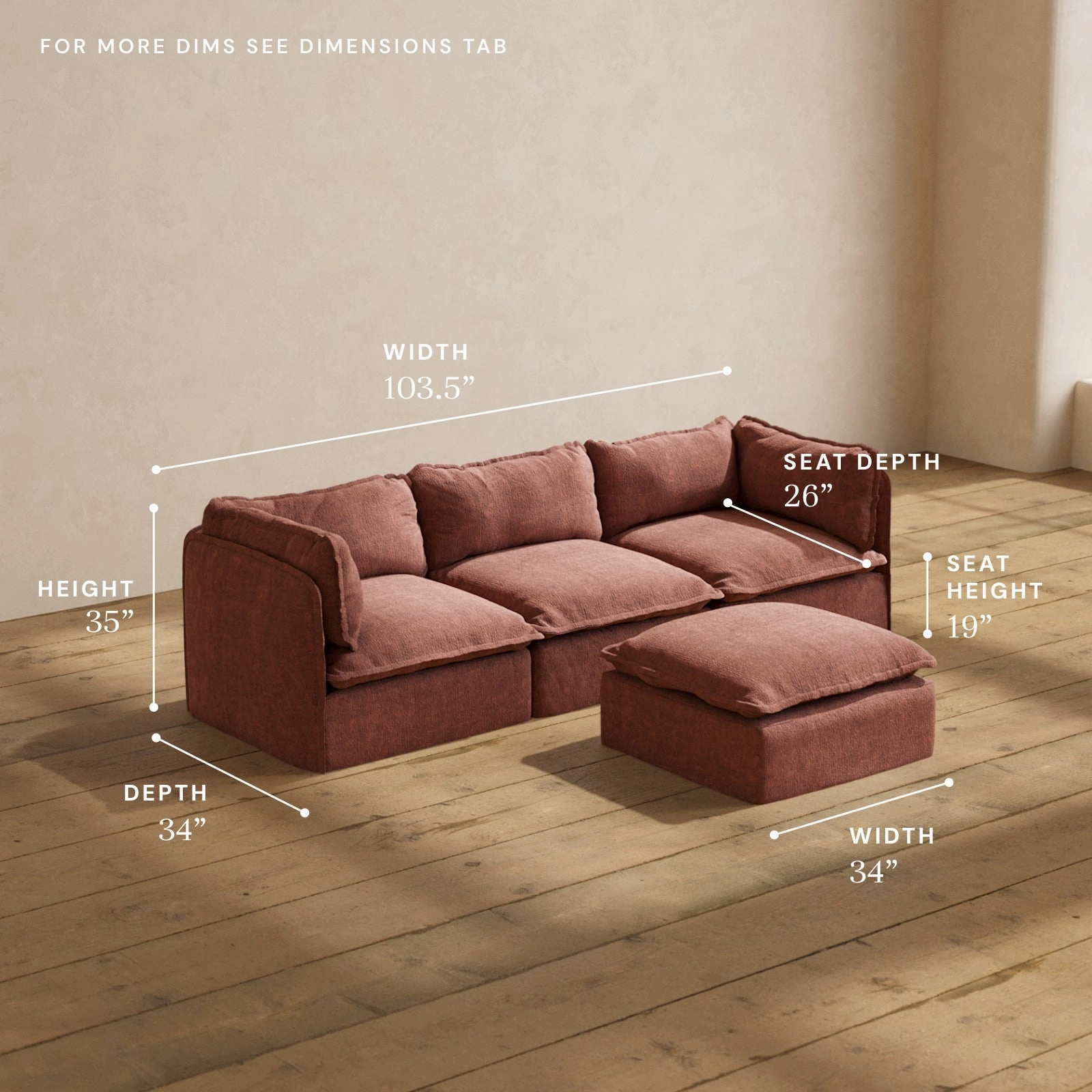 Modular Performance 3-Seater   Ottoman in Chestnut | Deluxe Blend