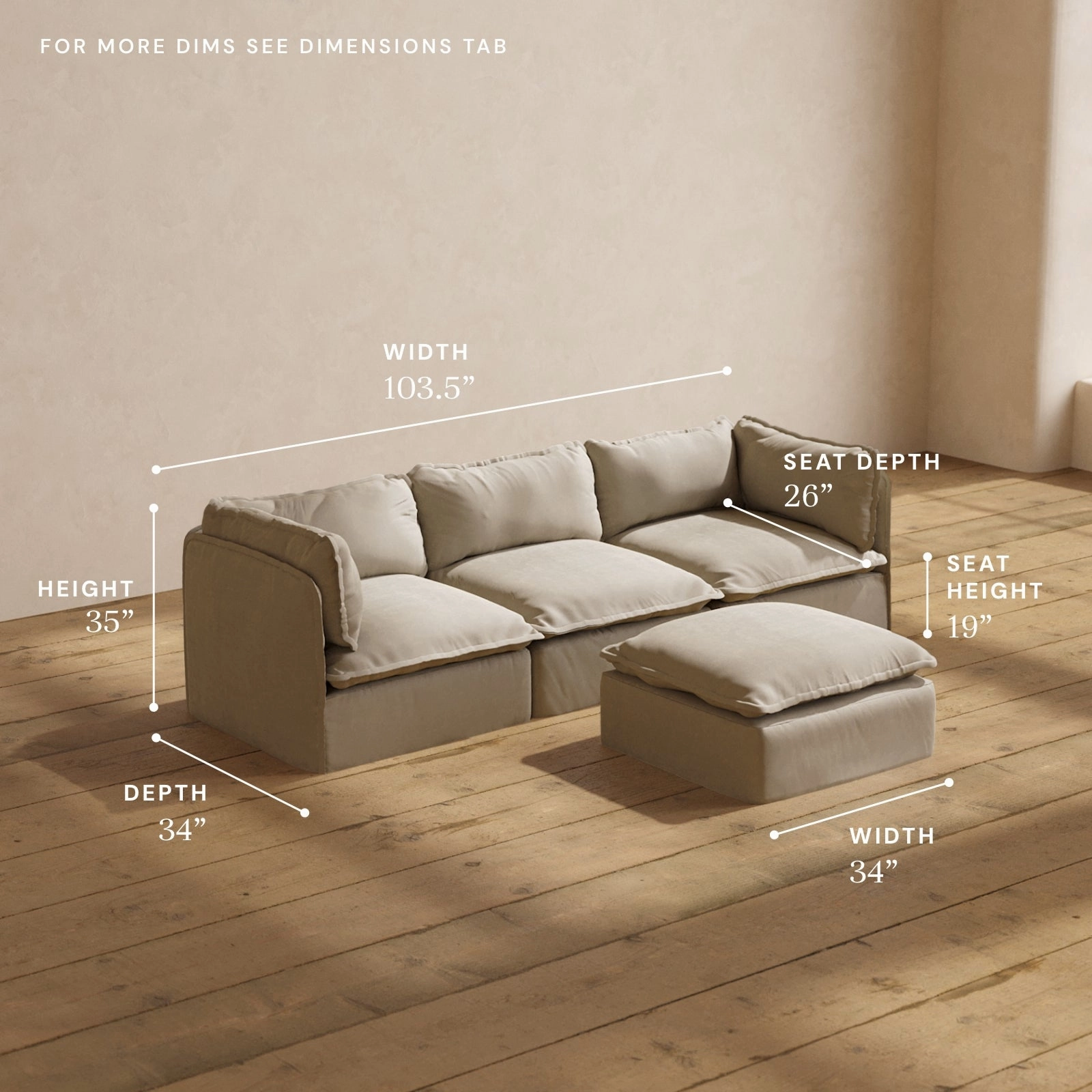 Modular Performance 3-Seater   Ottoman in Dune | Deluxe Blend