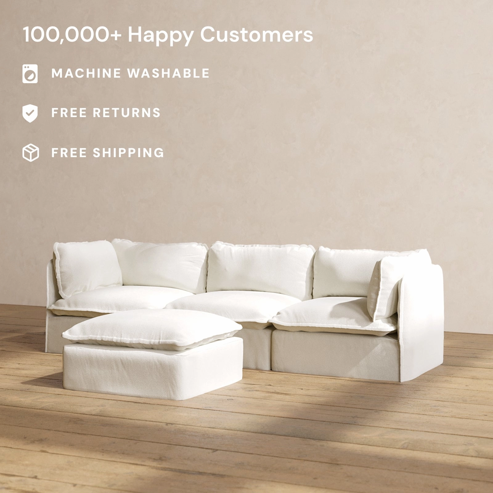Modular Performance 3-Seater   Ottoman in Eggshell | Deluxe Blend