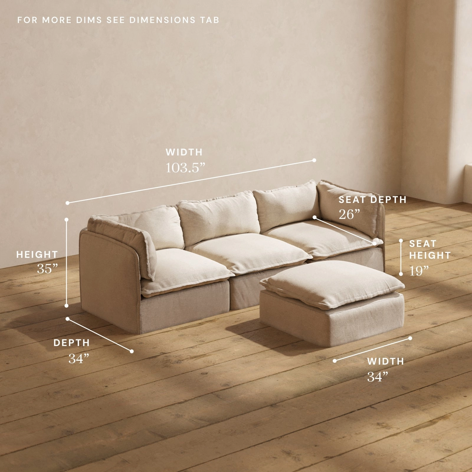Modular Performance 3-Seater   Ottoman in Oat | Deluxe Blend