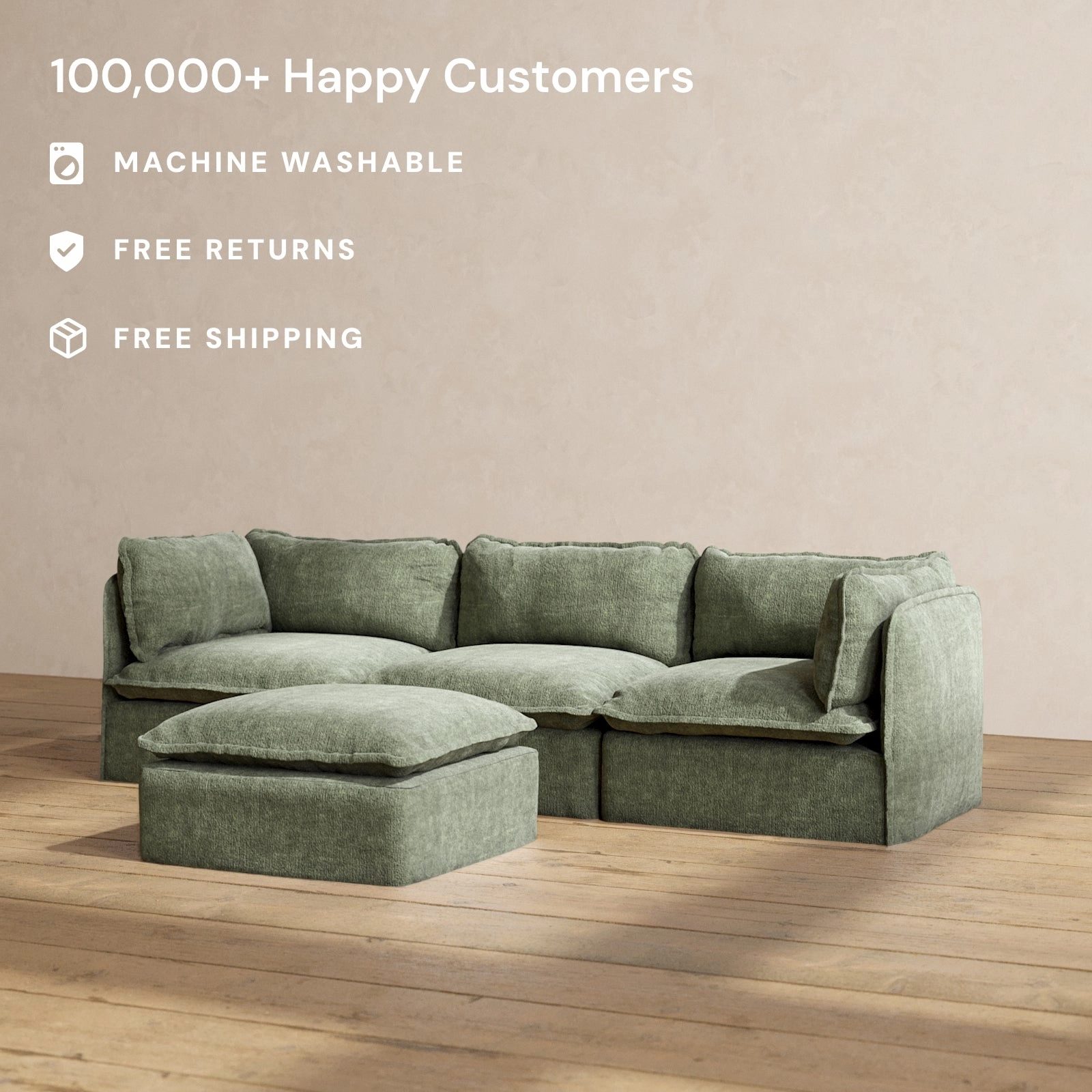 Modular Performance 3-Seater   Ottoman in Willow | Deluxe Blend