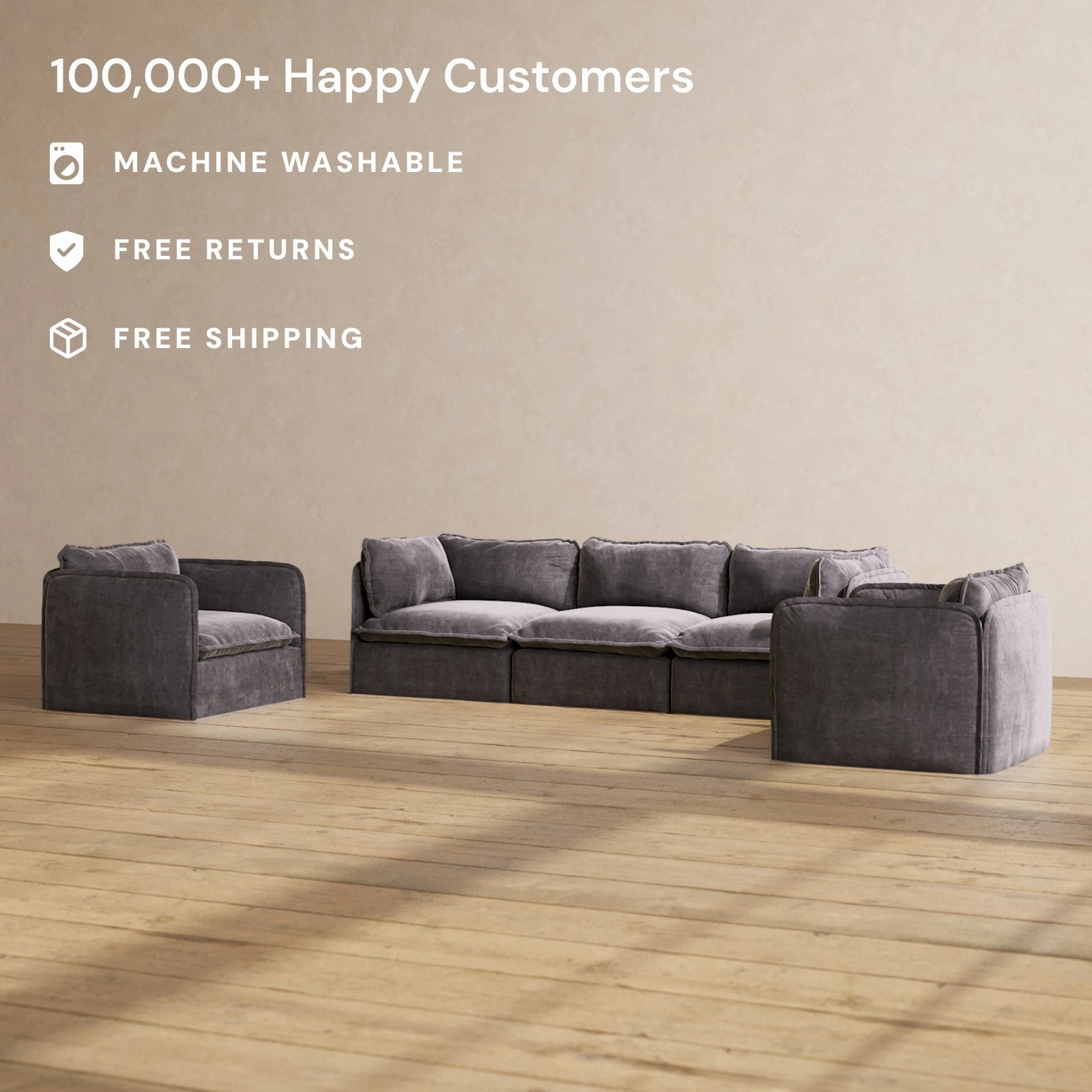 Modular Performance 3-Seater Sofa   Armchair Set in Cinder | Deluxe Blend
