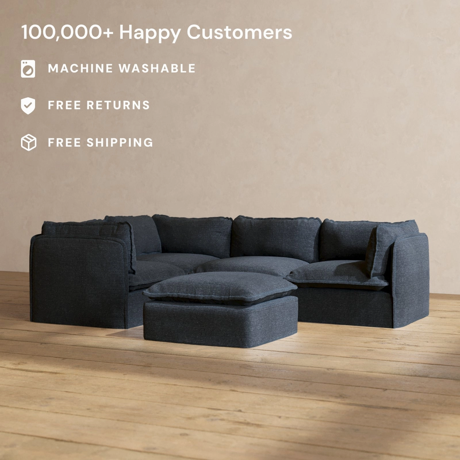 Modular Performance 4-Seater Corner Sectional   Ottoman in Indigo | Deluxe Blend