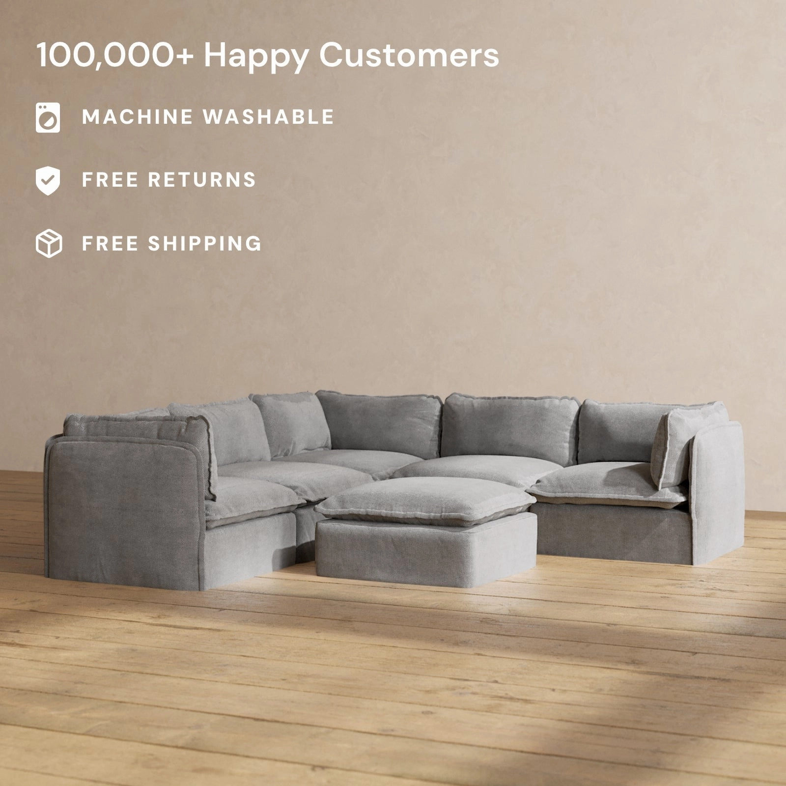 Modular Performance 5-Seater Corner Sectional   Ottoman in Ash | Deluxe Blend